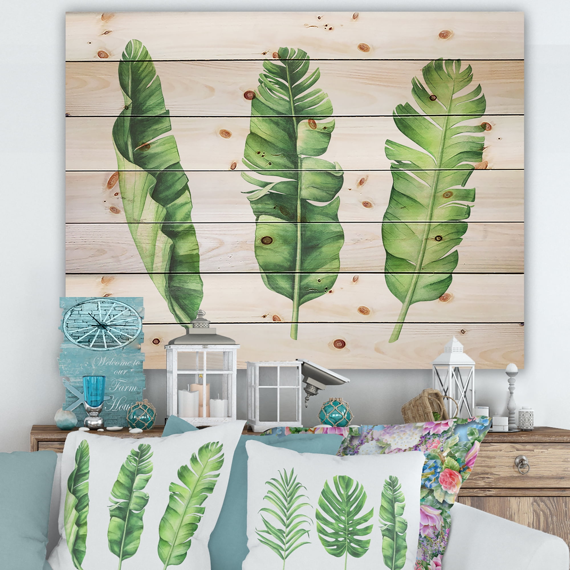 Designart 'Tropical Banana Leaves Set On White' Farmhouse Print on Natural Pine Wood
