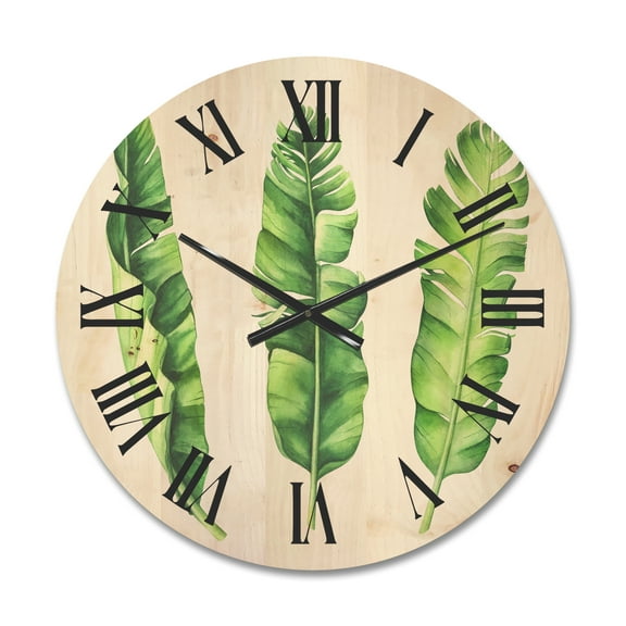 Designart 'Tropical Banana Leaves Set On White' Farmhouse Wood Wall Clock