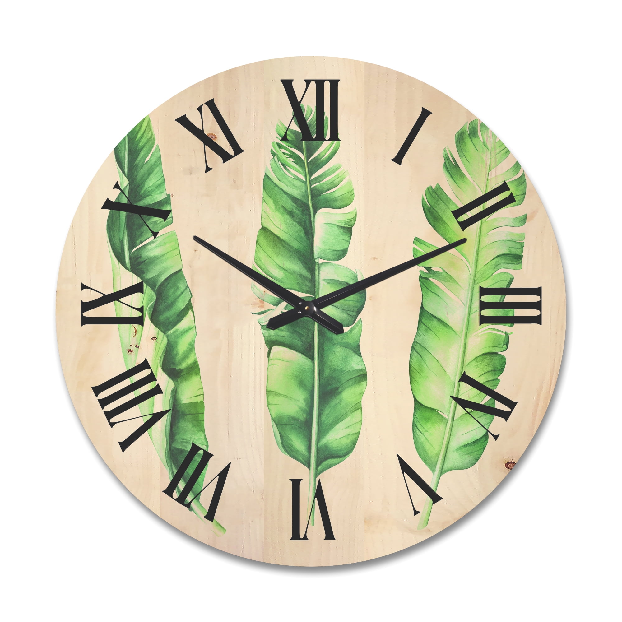 Designart 'Tropical Banana Leaves Set On White' Farmhouse Wood Wall Clock
