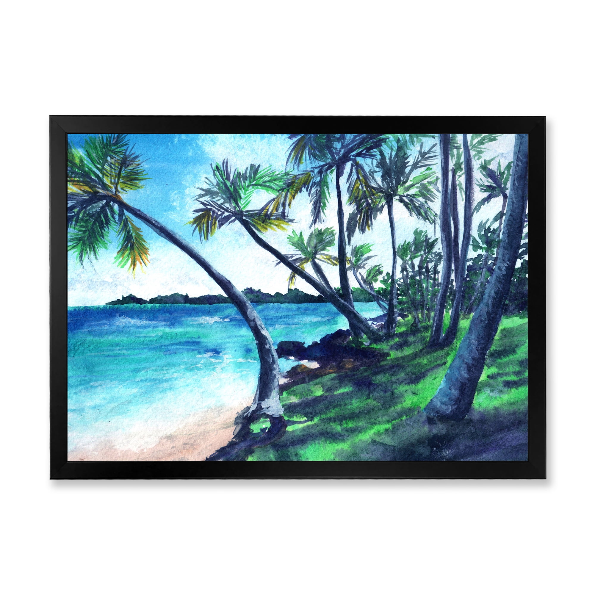 Designart 'Tropical Beach In Summer Paradise With Palm Trees' Nautical & Coastal Framed Art Print