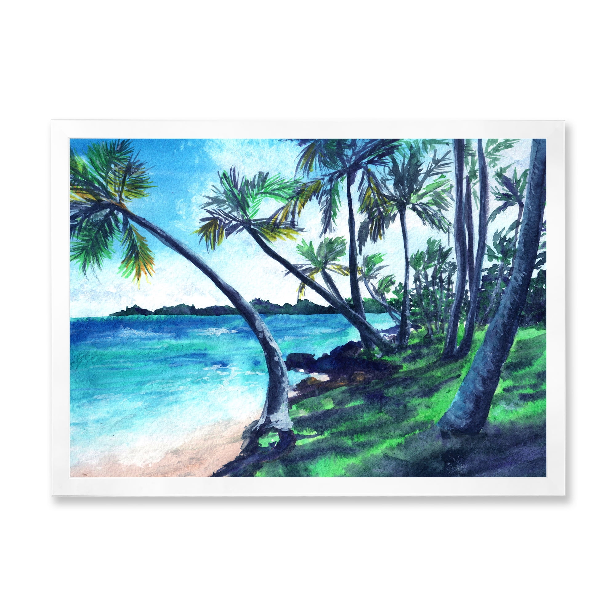 Designart 'Tropical Beach In Summer Paradise With Palm Trees' Nautical & Coastal Framed Art Print