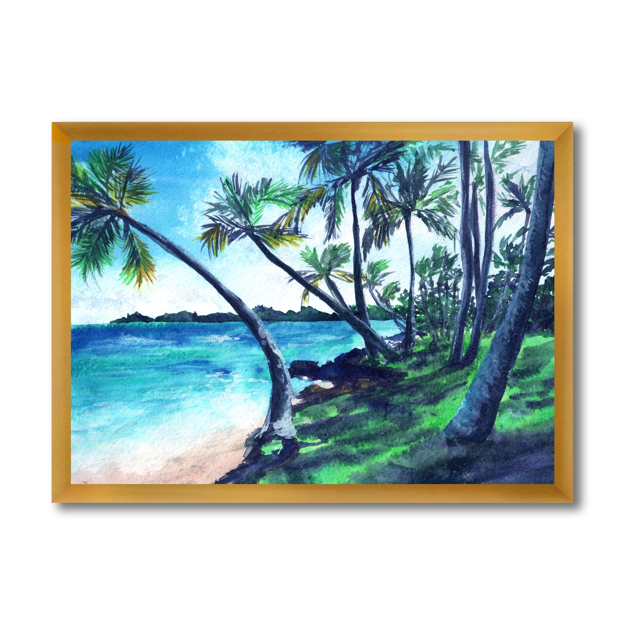 Designart 'Tropical Beach In Summer Paradise With Palm Trees' Nautical & Coastal Framed Art Print