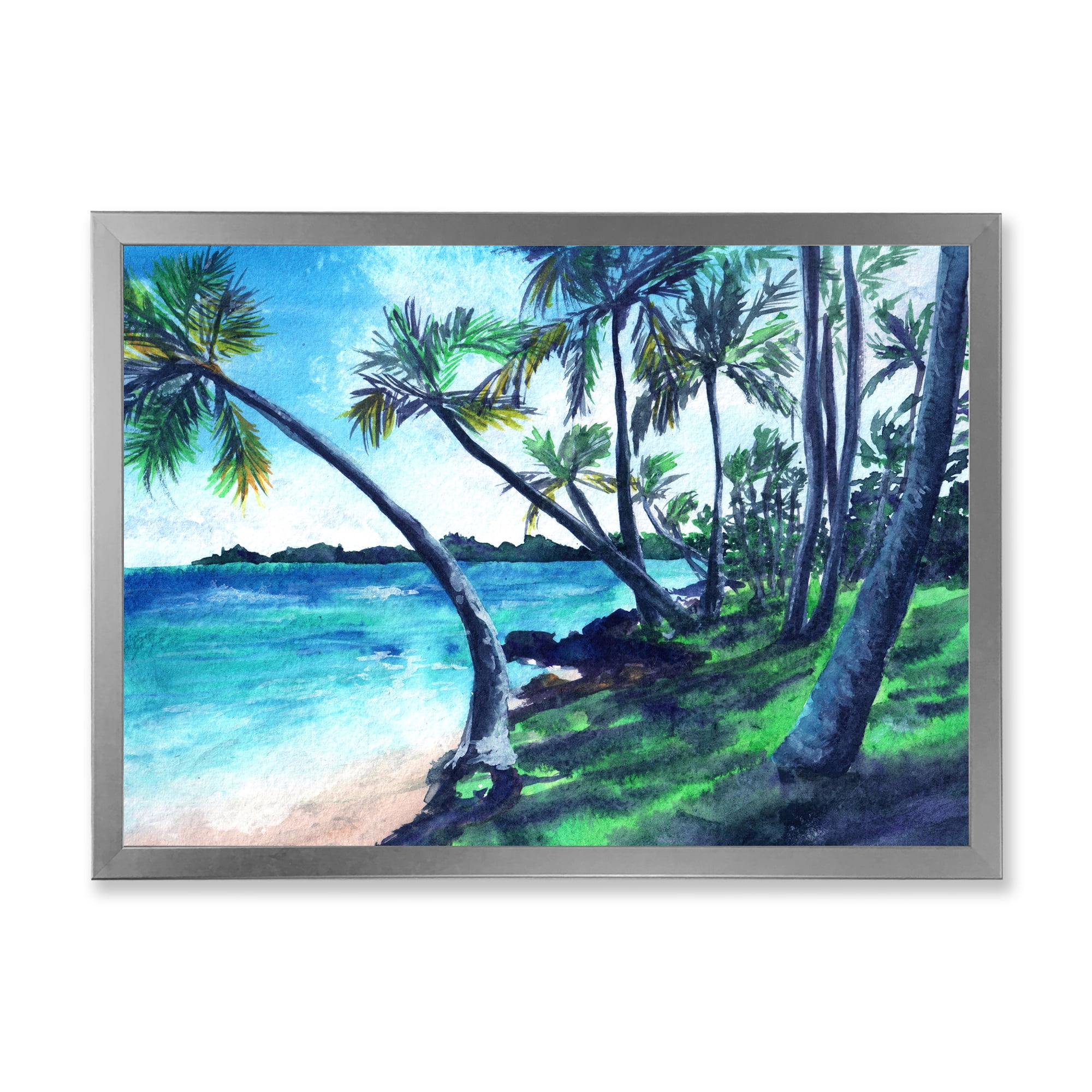 Designart 'Tropical Beach In Summer Paradise With Palm Trees' Nautical & Coastal Framed Art Print