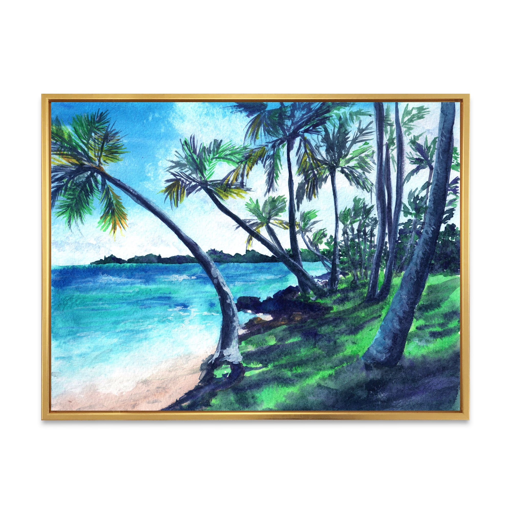 Designart 'Tropical Beach In Summer Paradise With Palm Trees' Nautical & Coastal Framed Canvas Wall Art Print