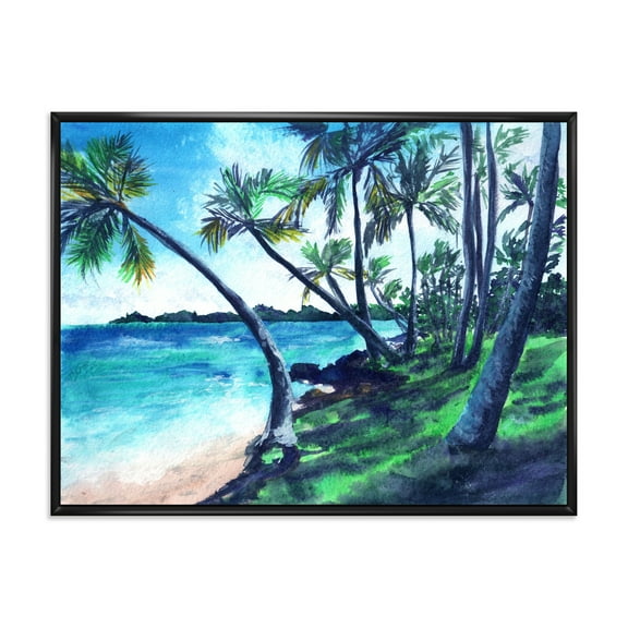 Designart 'Tropical Beach In Summer Paradise With Palm Trees' Nautical & Coastal Framed Canvas Wall Art Print