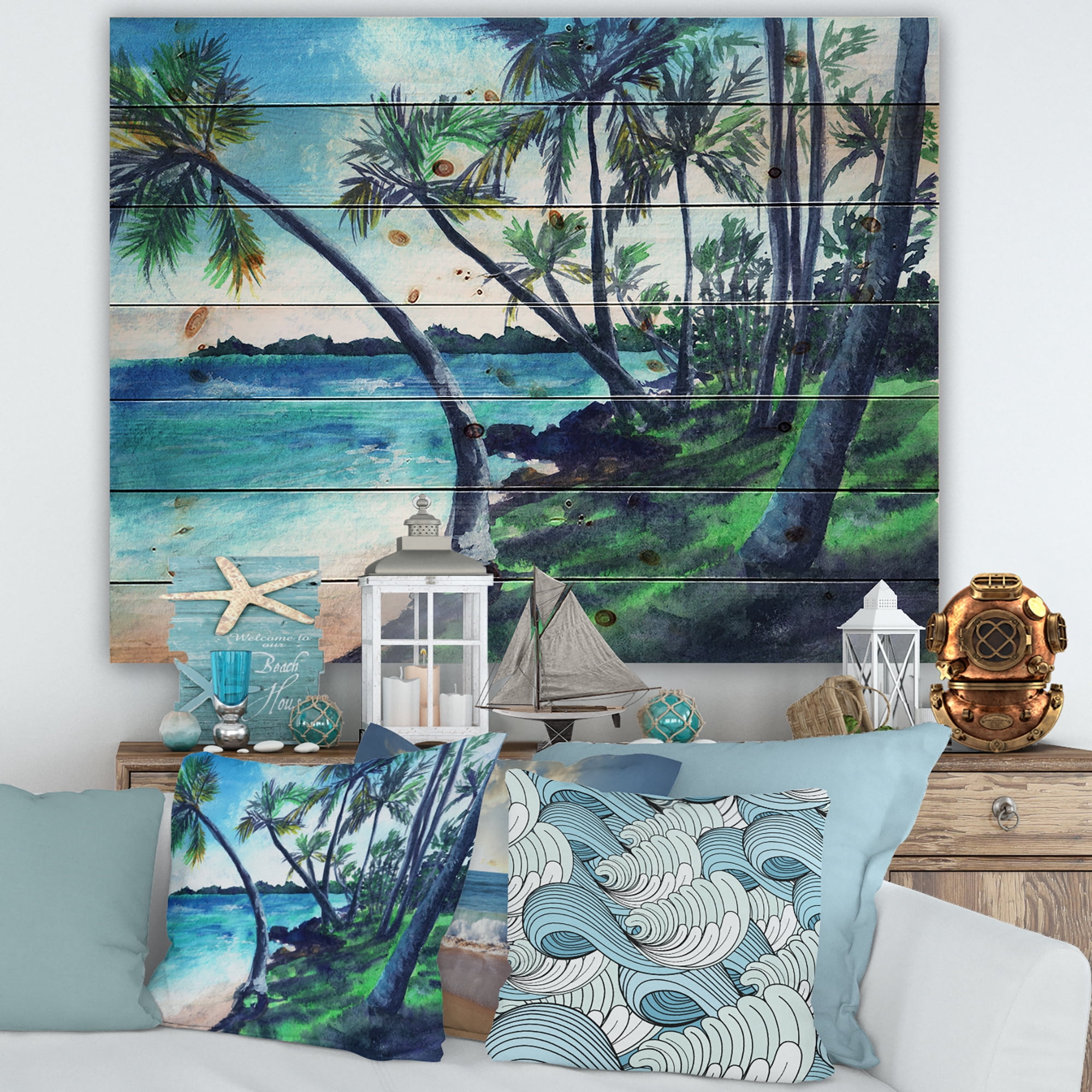 Designart 'Tropical Beach In Summer Paradise With Palm Trees' Nautical & Coastal Print on Natural Pine Wood