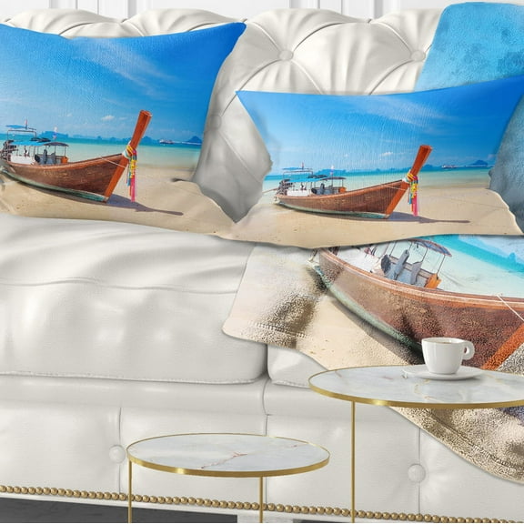 Designart Tropical Beach with Boat - Seashore Photo Throw Pillow - 12x20