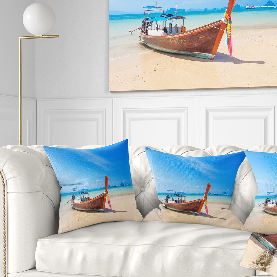 Designart Tropical Beach with Boat - Seashore Photo Throw Pillow - 16x16