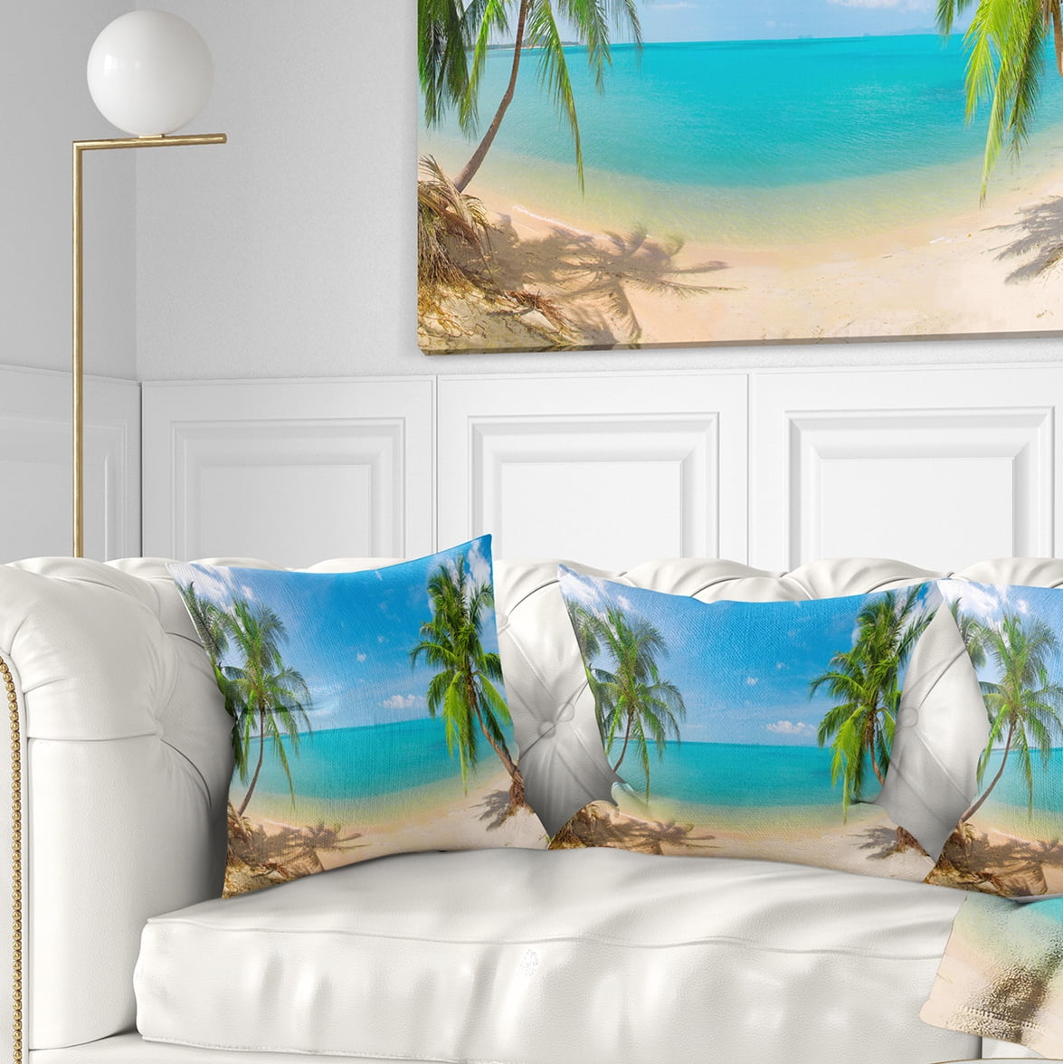 Designart Tropical Beach with Coconut Trees - Landscape Photography Throw Pillow - 16x16