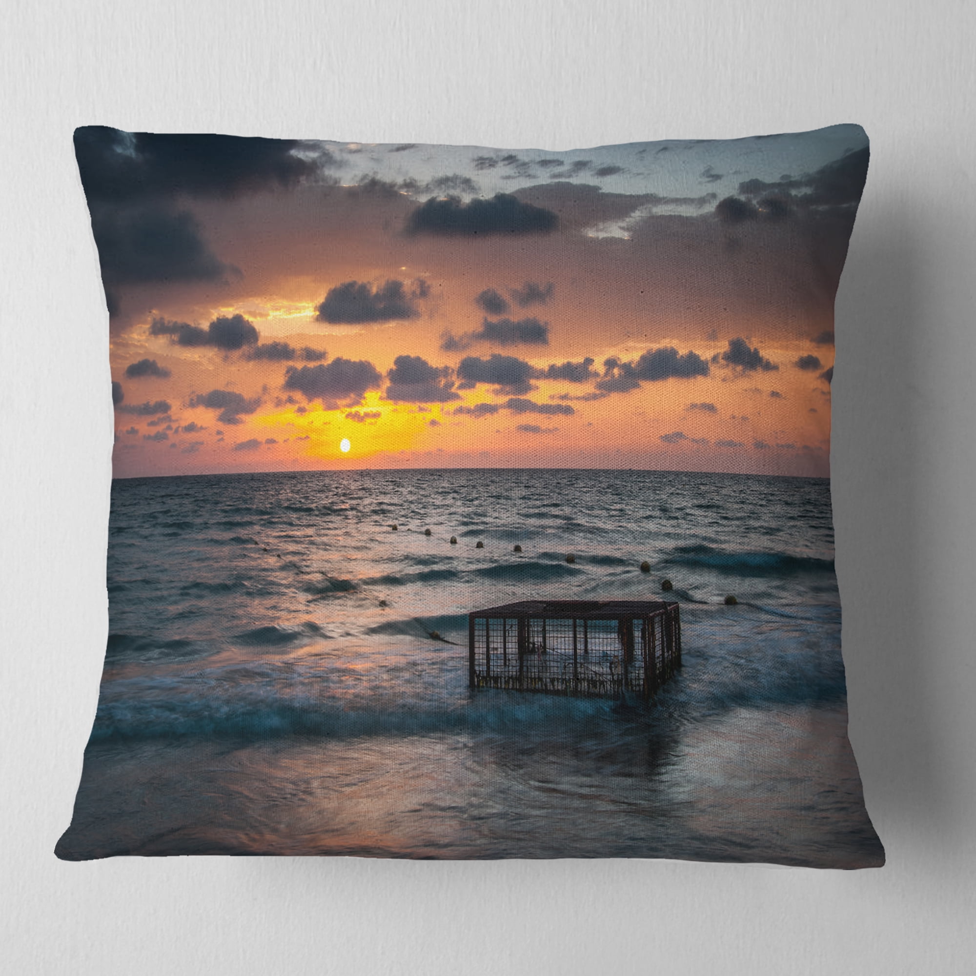 Designart Tropical Beach with Empty Cage - Seashore Throw Pillow - 16x16