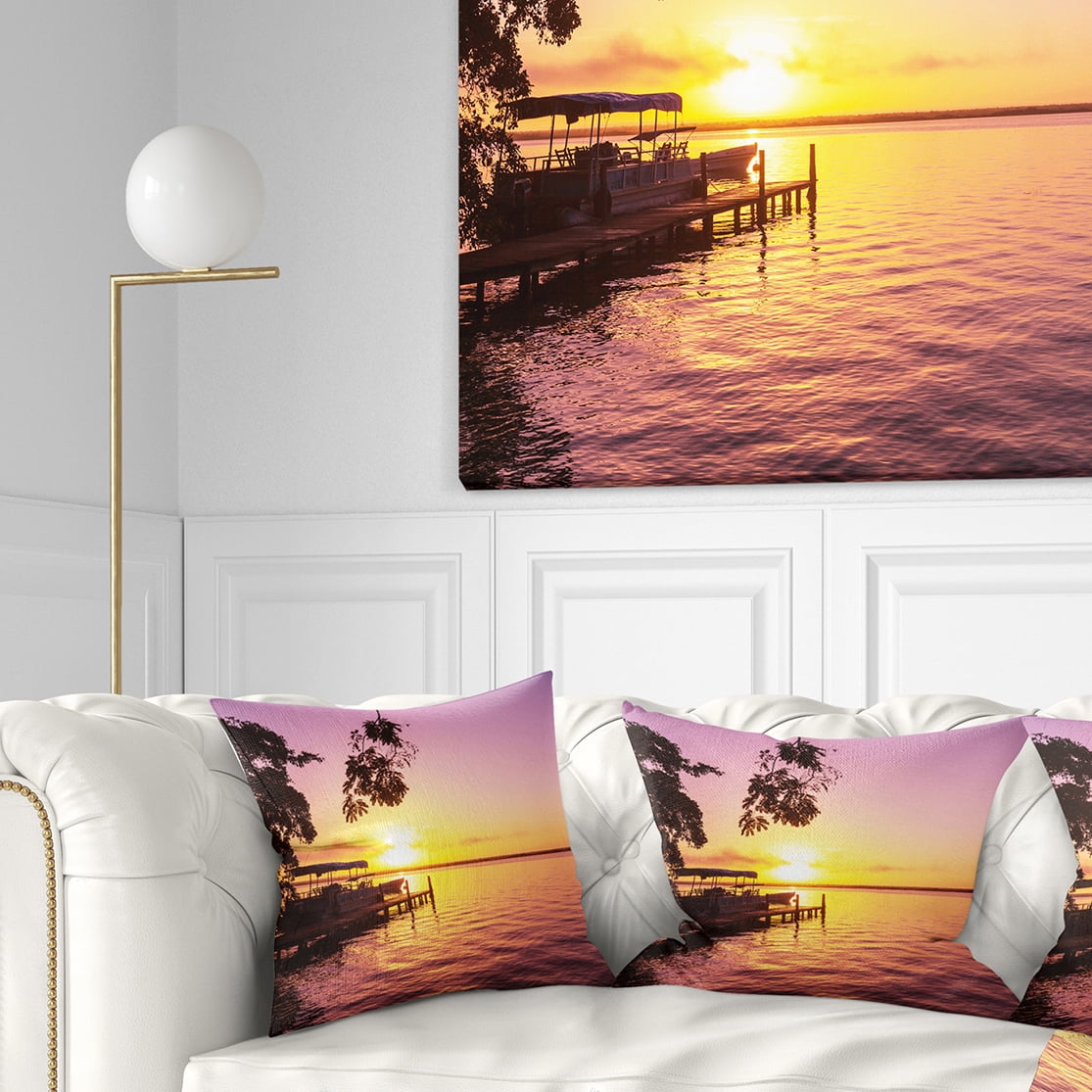 Designart Tropical Beach with Fantastic Sunset - Landscape Printed Throw Pillow - 16x16