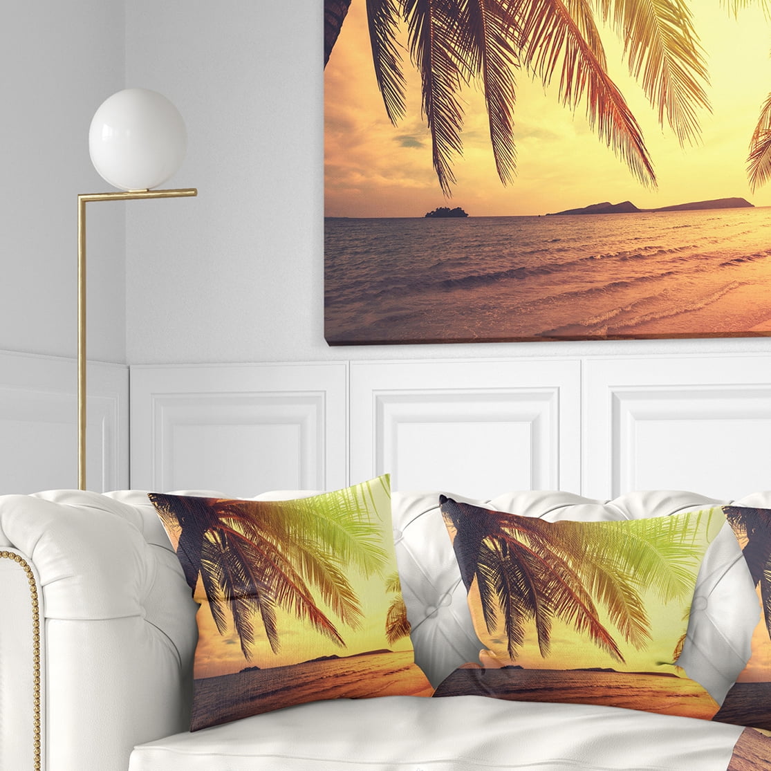 Designart Tropical Beach with Green Palm - Seashore Throw Pillow - 18x18