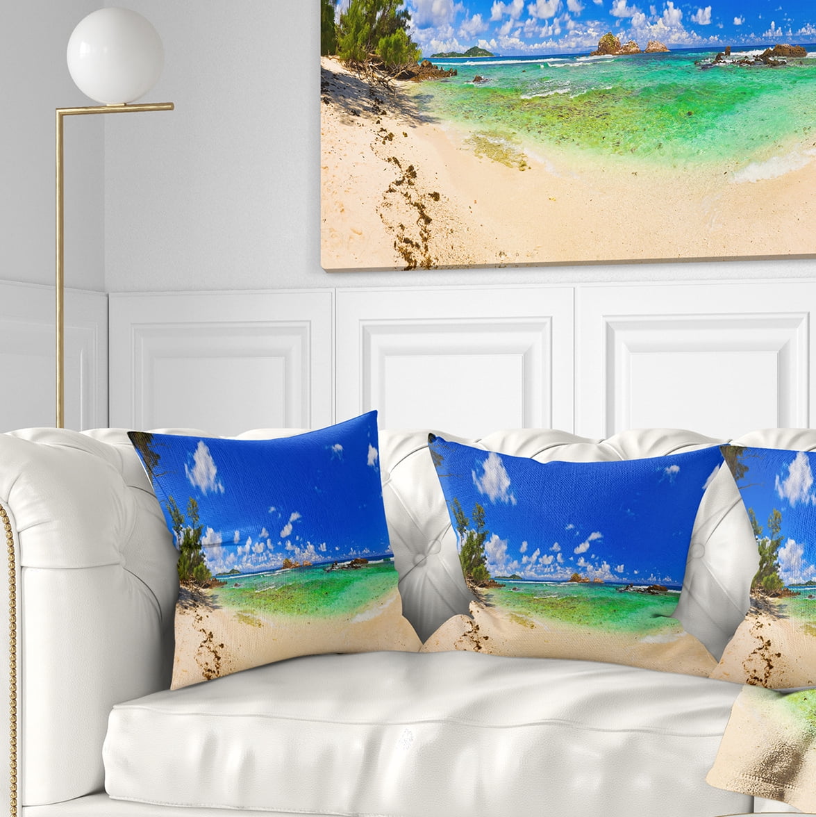 Designart Tropical Beach with Green Sea - Landscape Photography Throw Pillow - 18x18