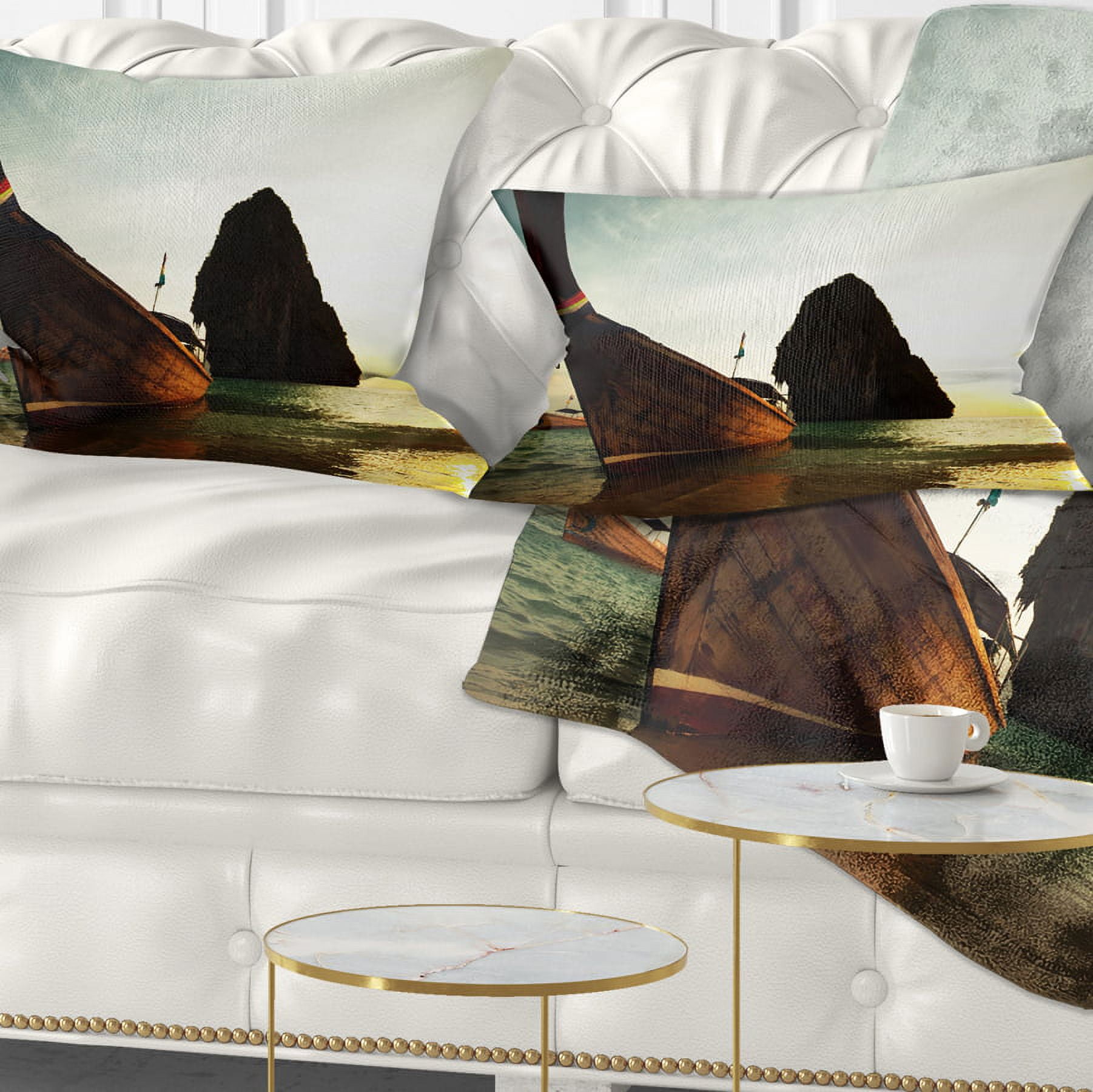 Designart Tropical Beach with Huge Boat - Seashore Throw Pillow - 12x20