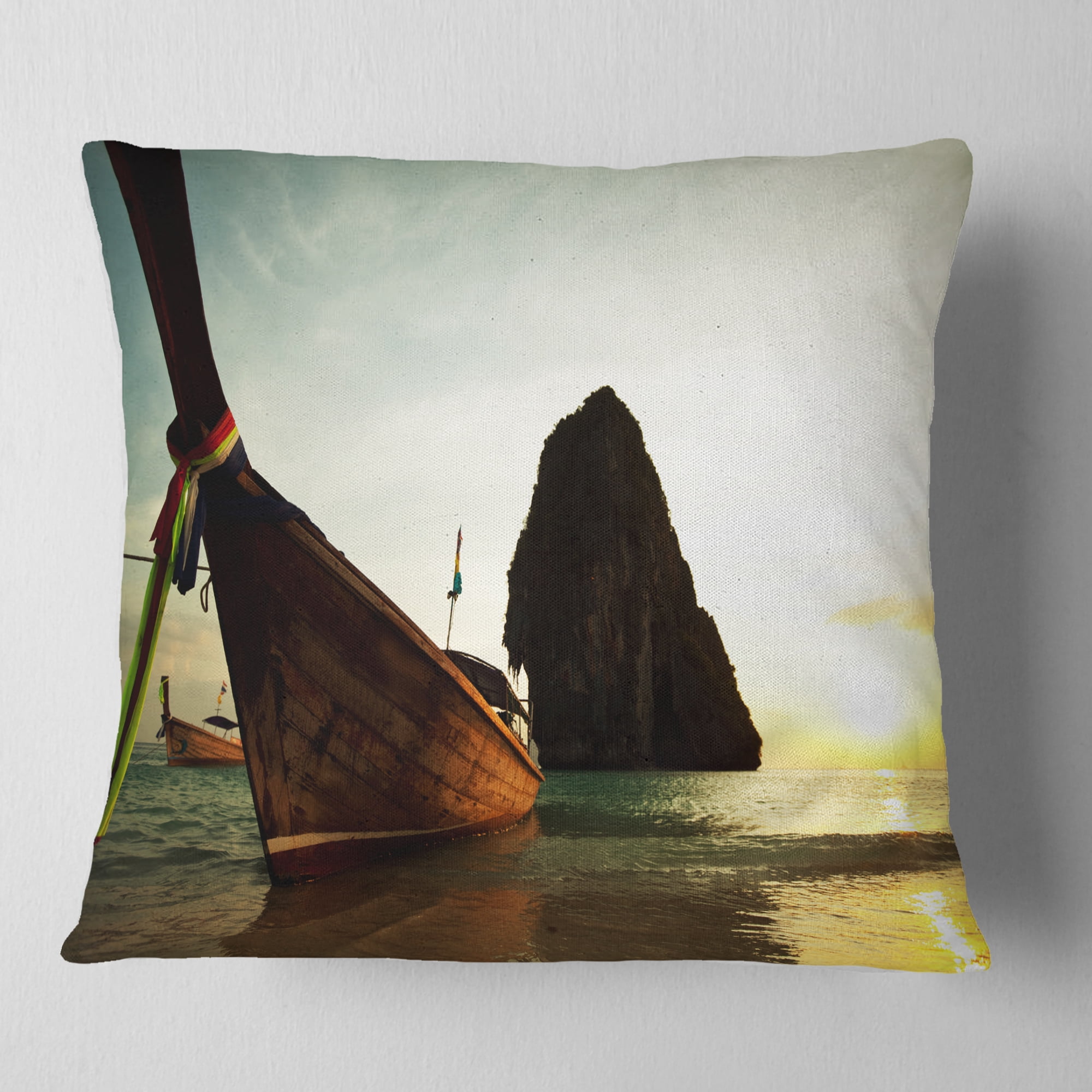 Designart Tropical Beach with Huge Boat - Seashore Throw Pillow - 16x16