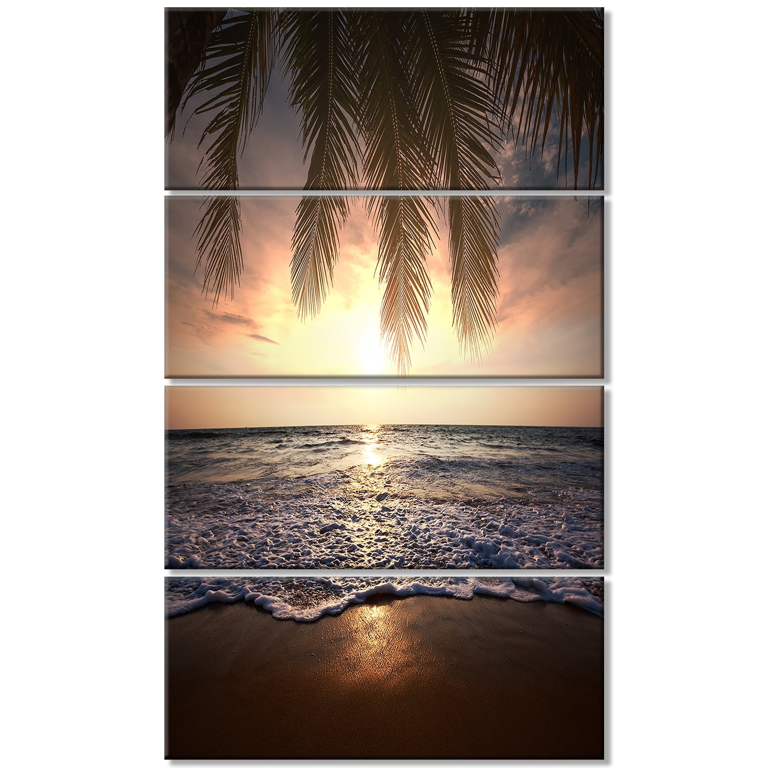 Tropical Beach Sunset Canvas Print with Palm Leaves, 28"x48"