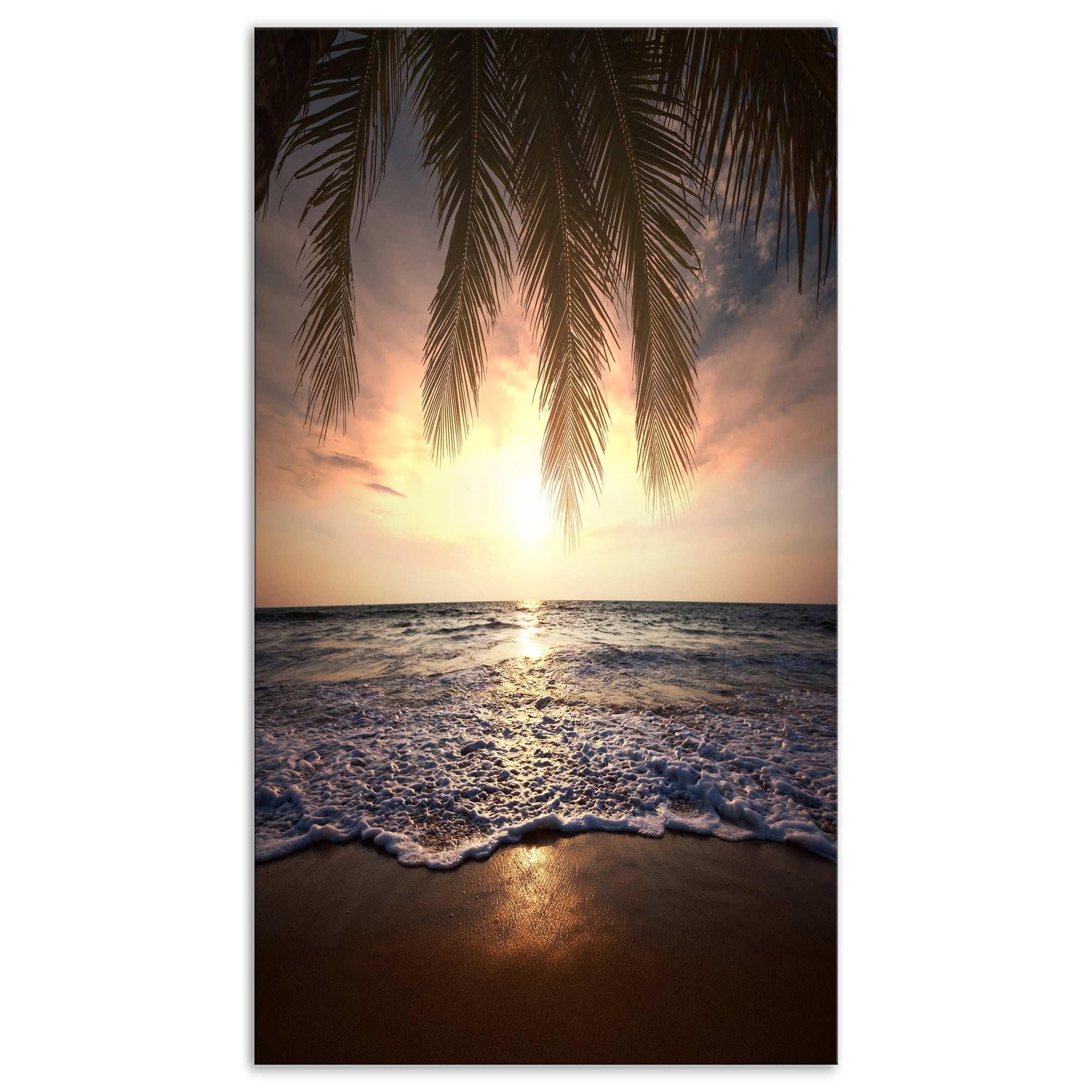 Sunset Tropical Beach Canvas Art Print with Palm Leaves