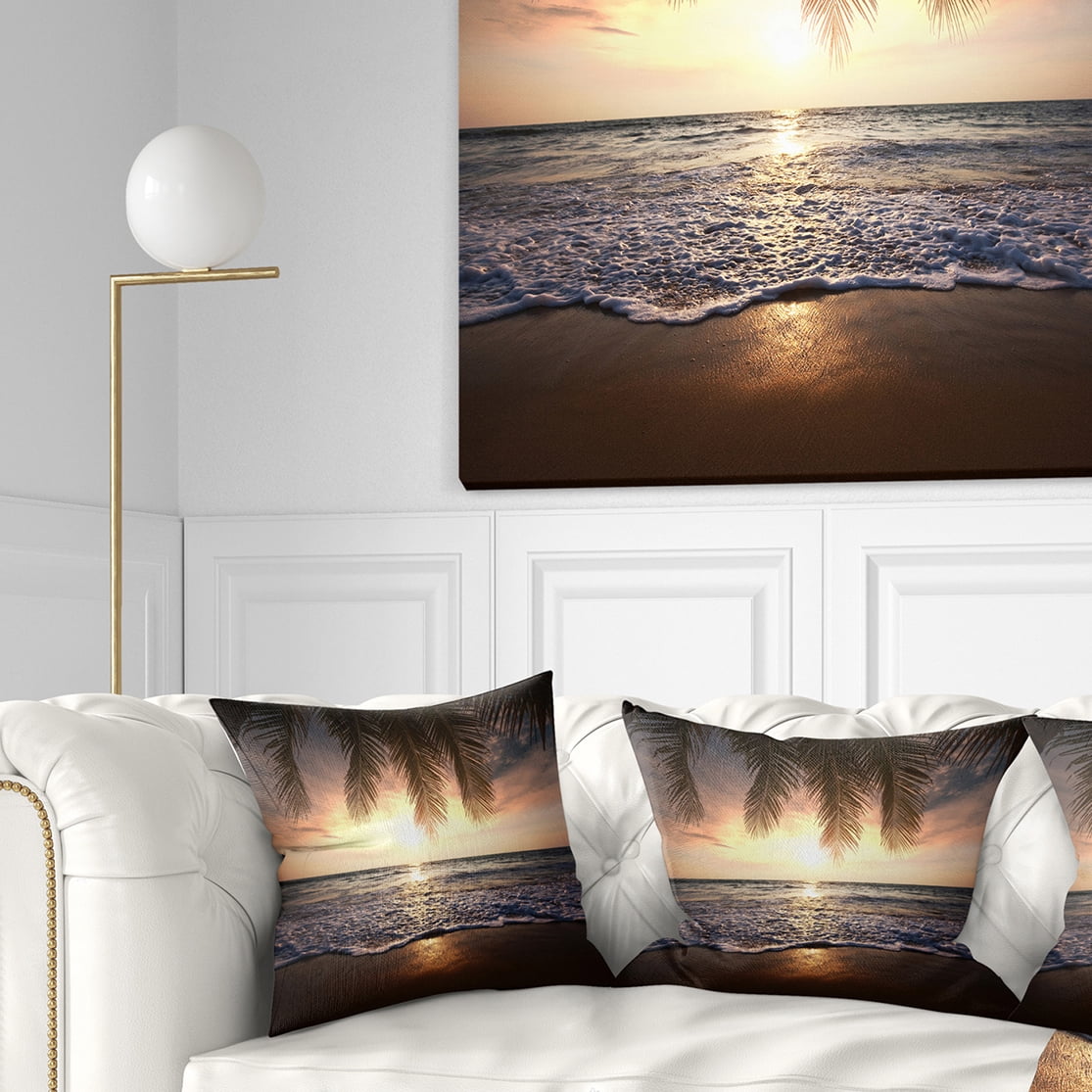 Designart Tropical Beach with Palm Leaves - Seashore Throw Pillow - 16x16