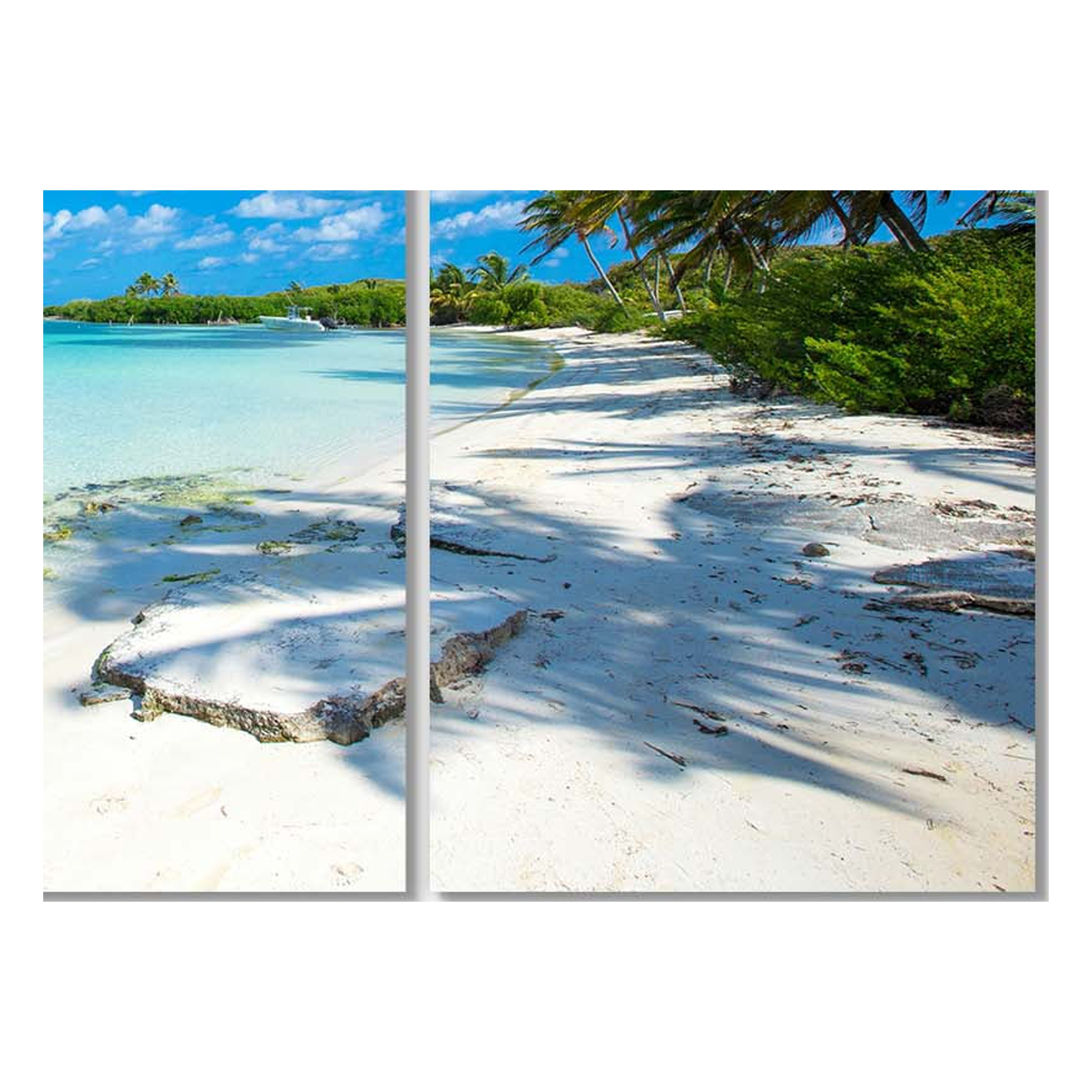 Large Tropical Beach Canvas Print with Palm Shadows in Blue and White