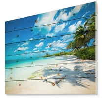 Designart 'Tropical Beach with Palm Shadows' Seashore Print on Natural Pine Wood