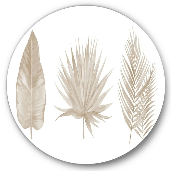 Designart 'Tropical Beiges Leaves On White' Traditional Circle Metal Wall Art 11x11 - Disc of 11