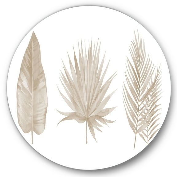 Designart 'Tropical Beiges Leaves On White' Traditional Circle Metal Wall Art 36x36 - Disc of 36