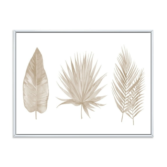 Designart 'Tropical Beiges Leaves On White' Traditional Framed Canvas Wall Art Print
