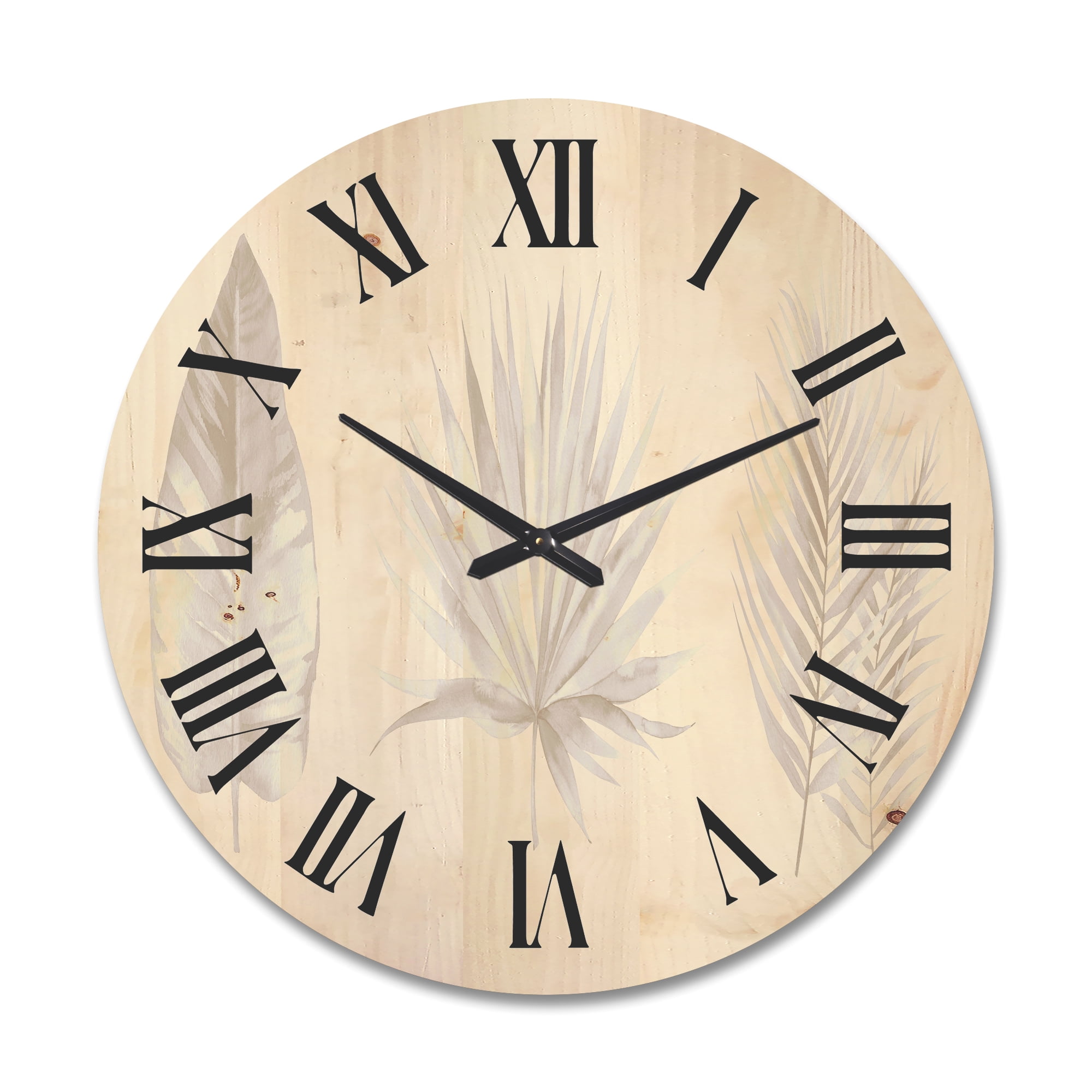 Designart 'Tropical Beiges Leaves On White' Traditional Wood Wall Clock