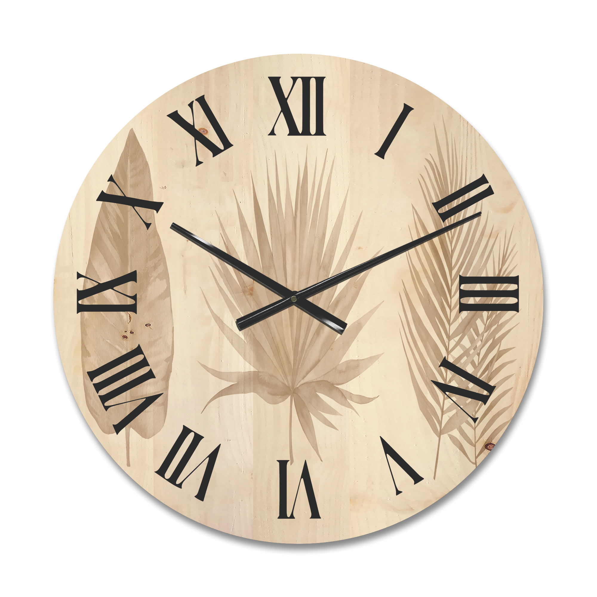 Designart 'Tropical Beiges Leaves On White' Traditional Wood Wall Clock