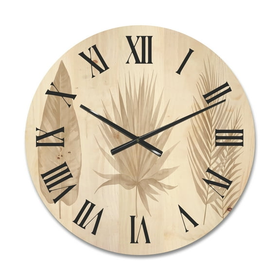 Designart 'Tropical Beiges Leaves On White' Traditional Wood Wall Clock