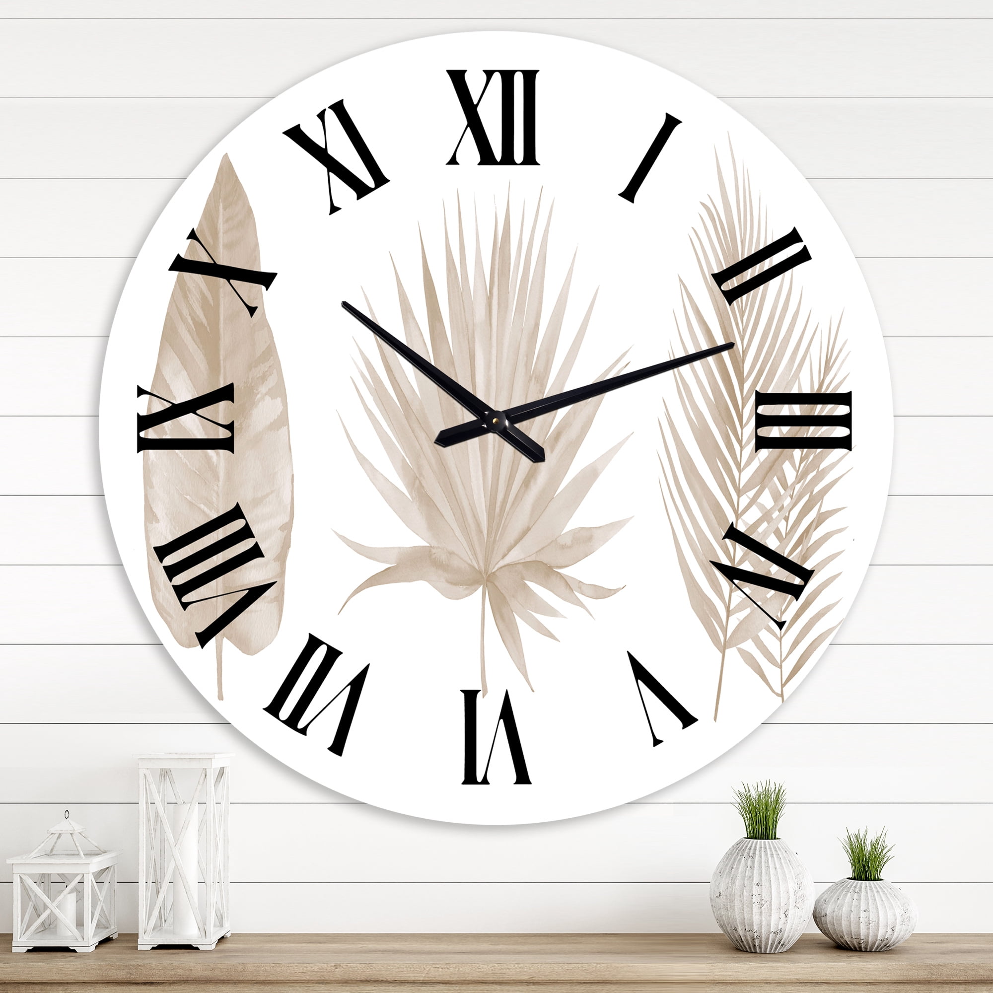 Designart 'Tropical Beiges Leaves' Traditional Wall Clock