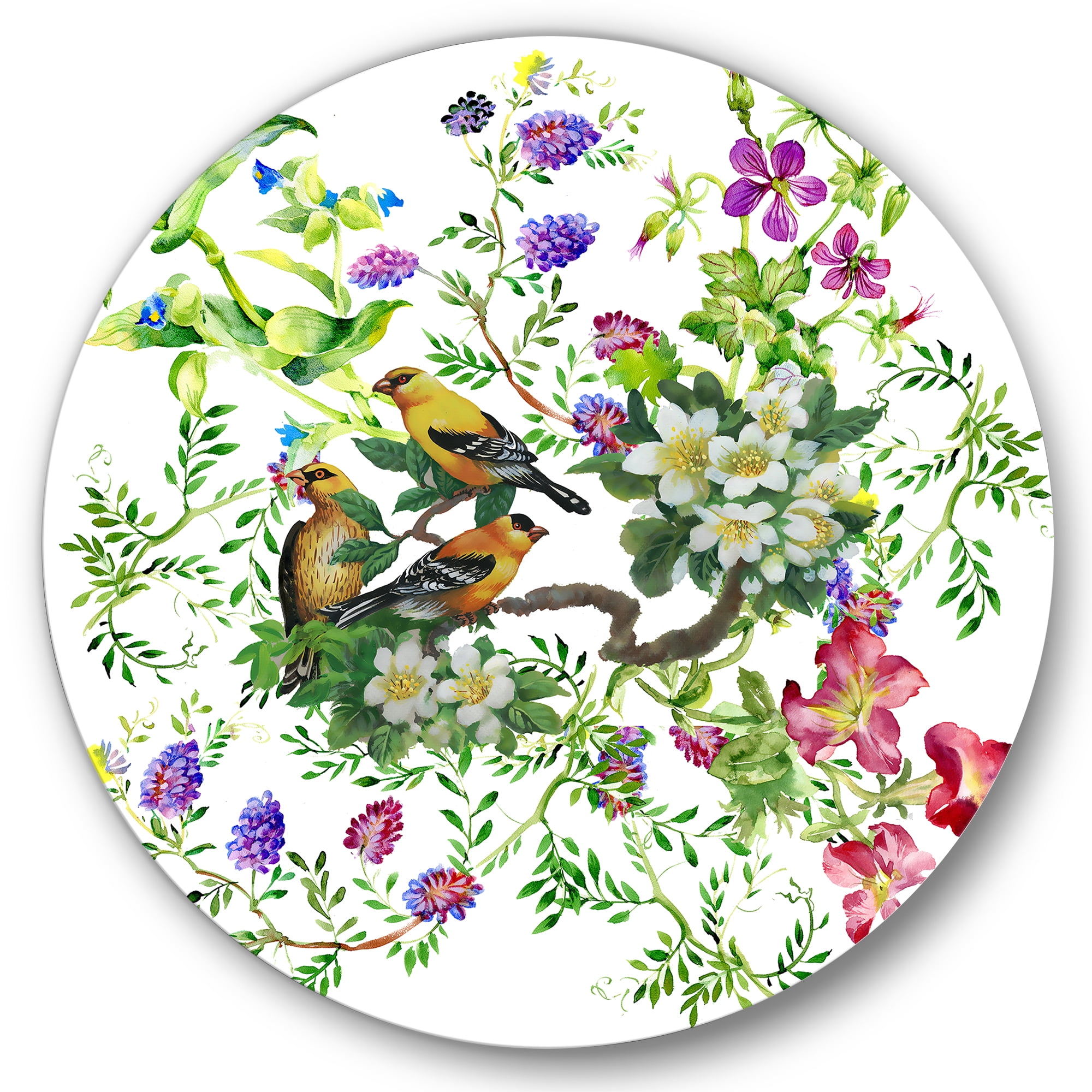 Designart 'Tropical Birds Sitting On Blooming Tree' Traditional Circle Metal Wall Art 29x29 - Disc of 29