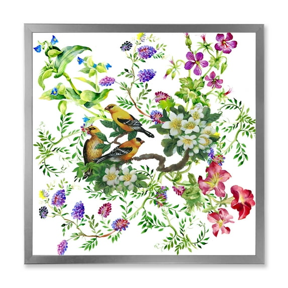 Designart 'Tropical Birds Sitting On Blooming Tree' Traditional Framed Art Print