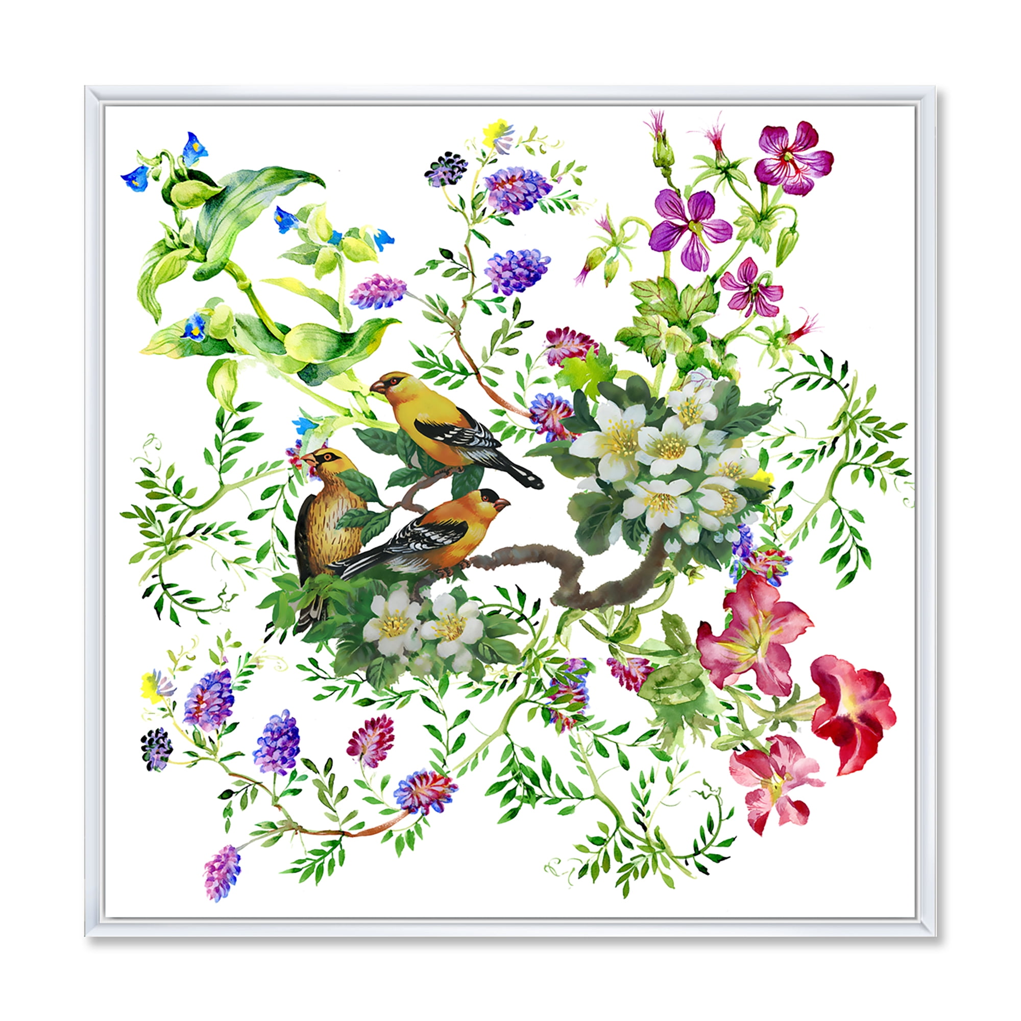 Designart 'Tropical Birds Sitting On Blooming Tree' Traditional Framed Canvas Wall Art Print