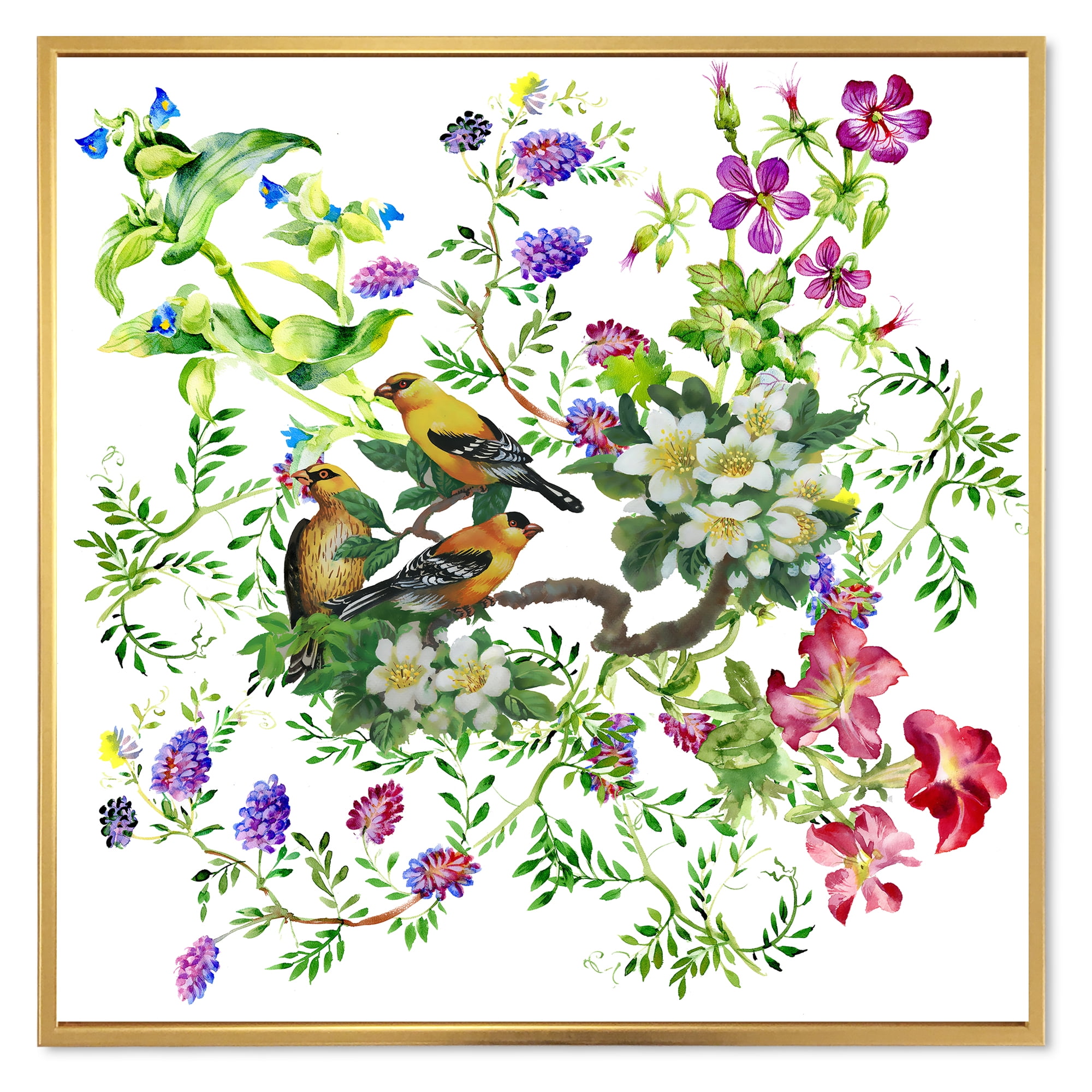 Designart 'Tropical Birds Sitting On Blooming Tree' Traditional Framed Canvas Wall Art Print