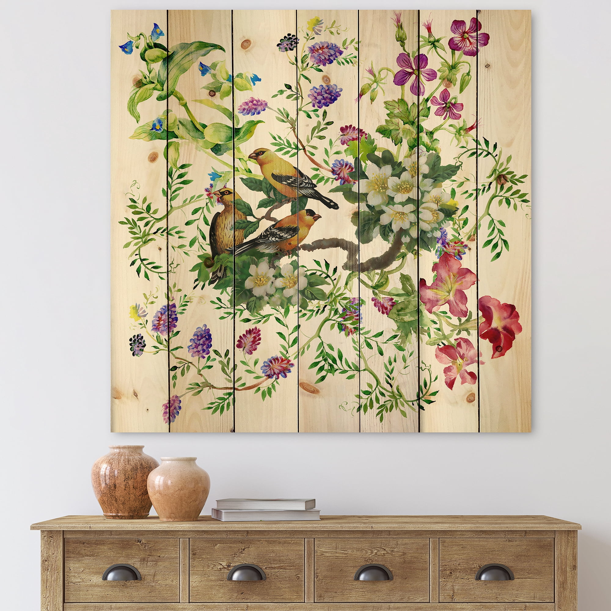 Designart 'Tropical Birds Sitting On Blooming Tree' Traditional Print on Natural Pine Wood