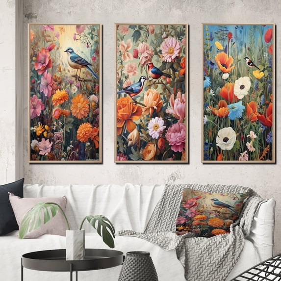Designart "Tropical Birds in Paradise Vibrant Flowerfield II" Animals Bird Framed Wall Art Set Of 3 - Blue Bird Frame Gallery Wall Set For Home Decor