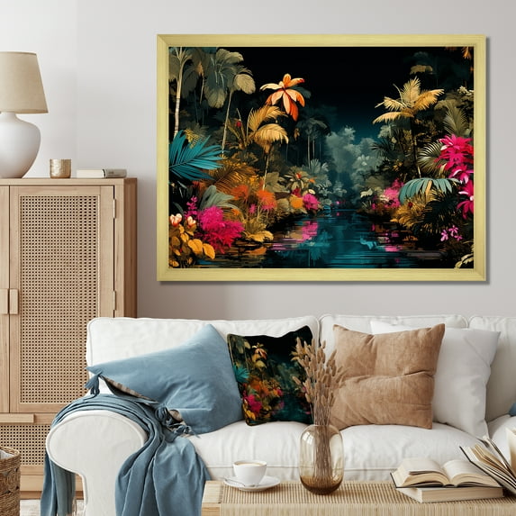 Designart "Tropical Blooms Pink and Blue Delight" Landscapes Framed Wall Art Decor - Tropical Pink Jungle Entryway Framed Wall Art