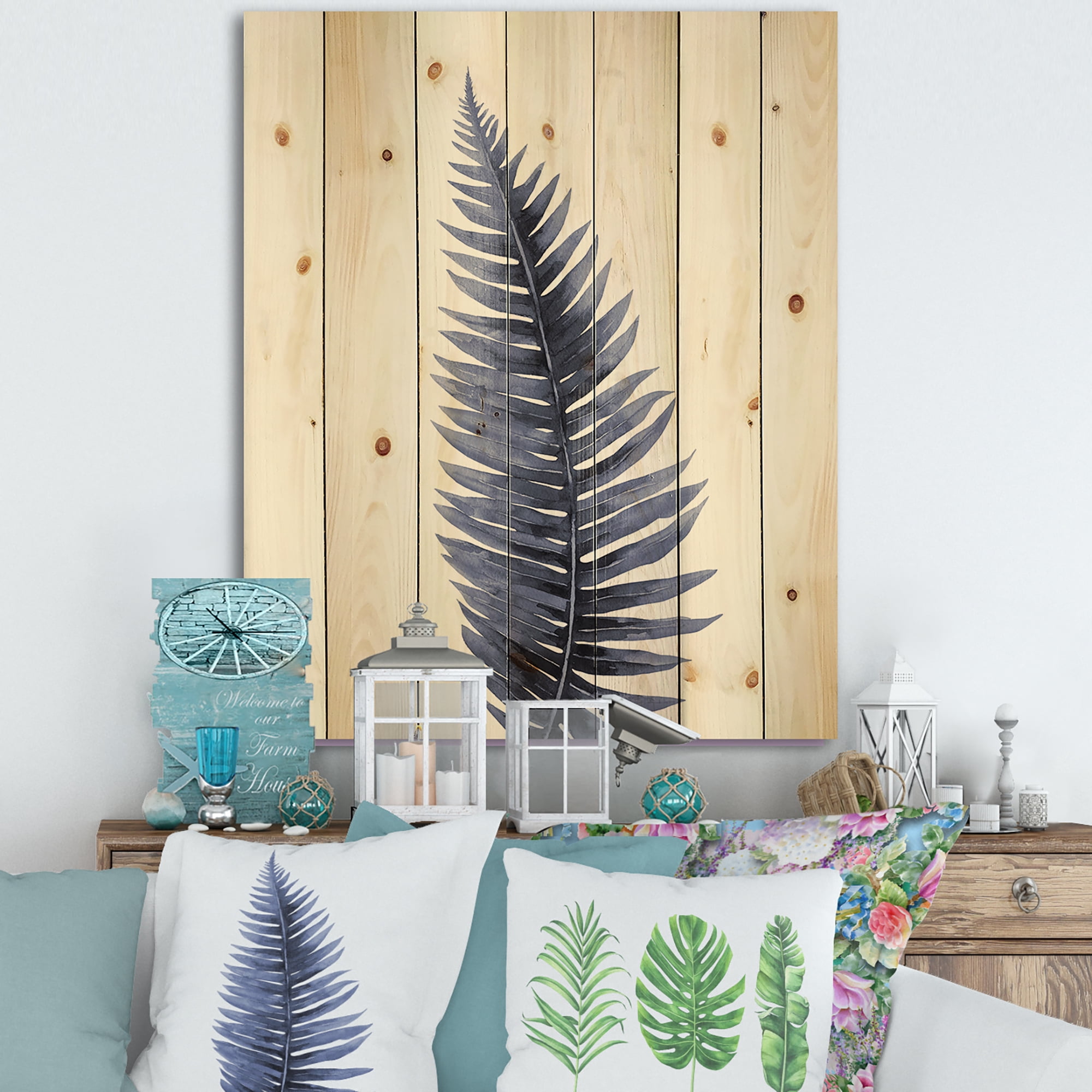 Designart 'Tropical Blue Watercolour Leaves On White' Bohemian & Eclectic Print on Natural Pine Wood