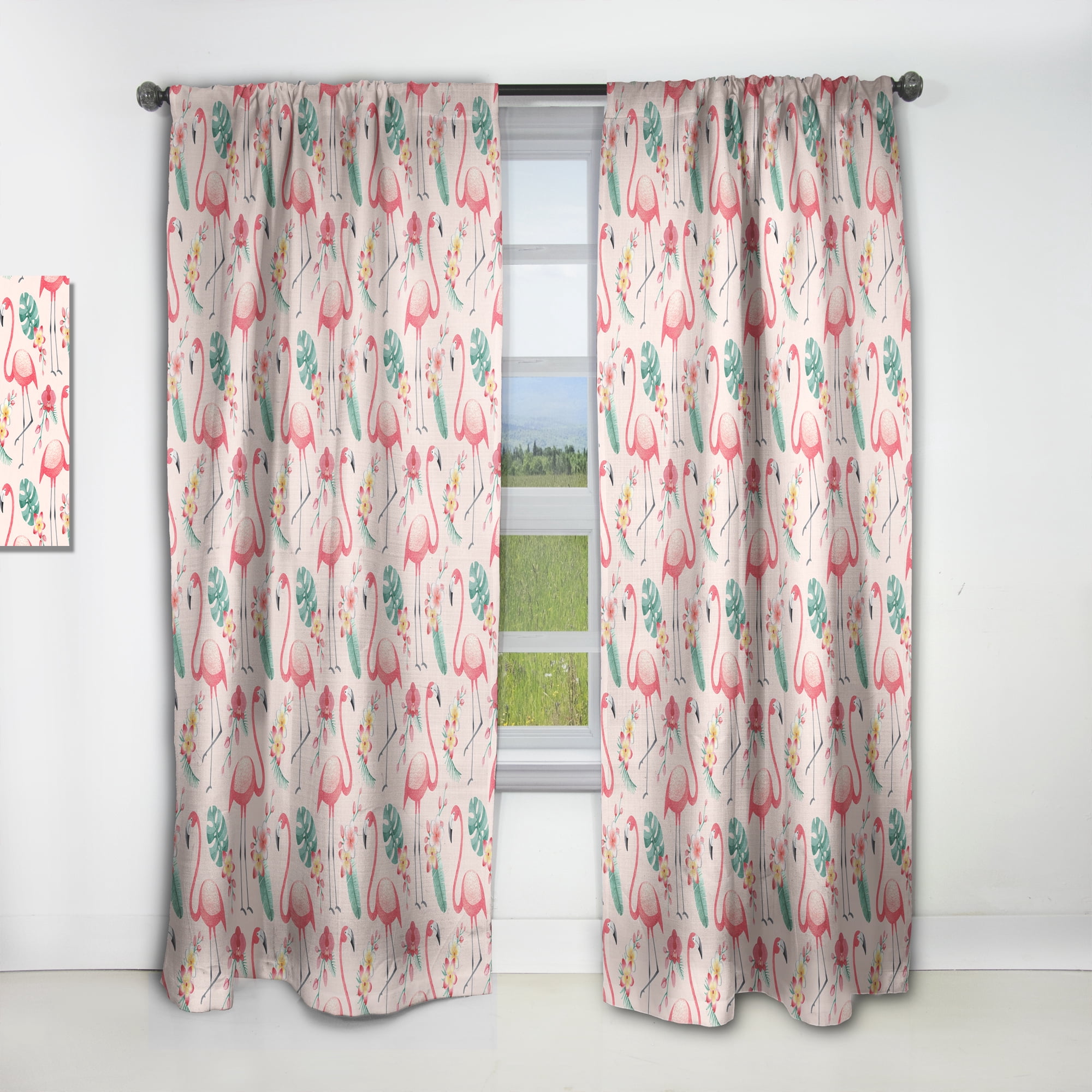 Designart 'Tropical Botanicals, Flamingo and Flowers II' Mid-Century Modern Curtain Panel