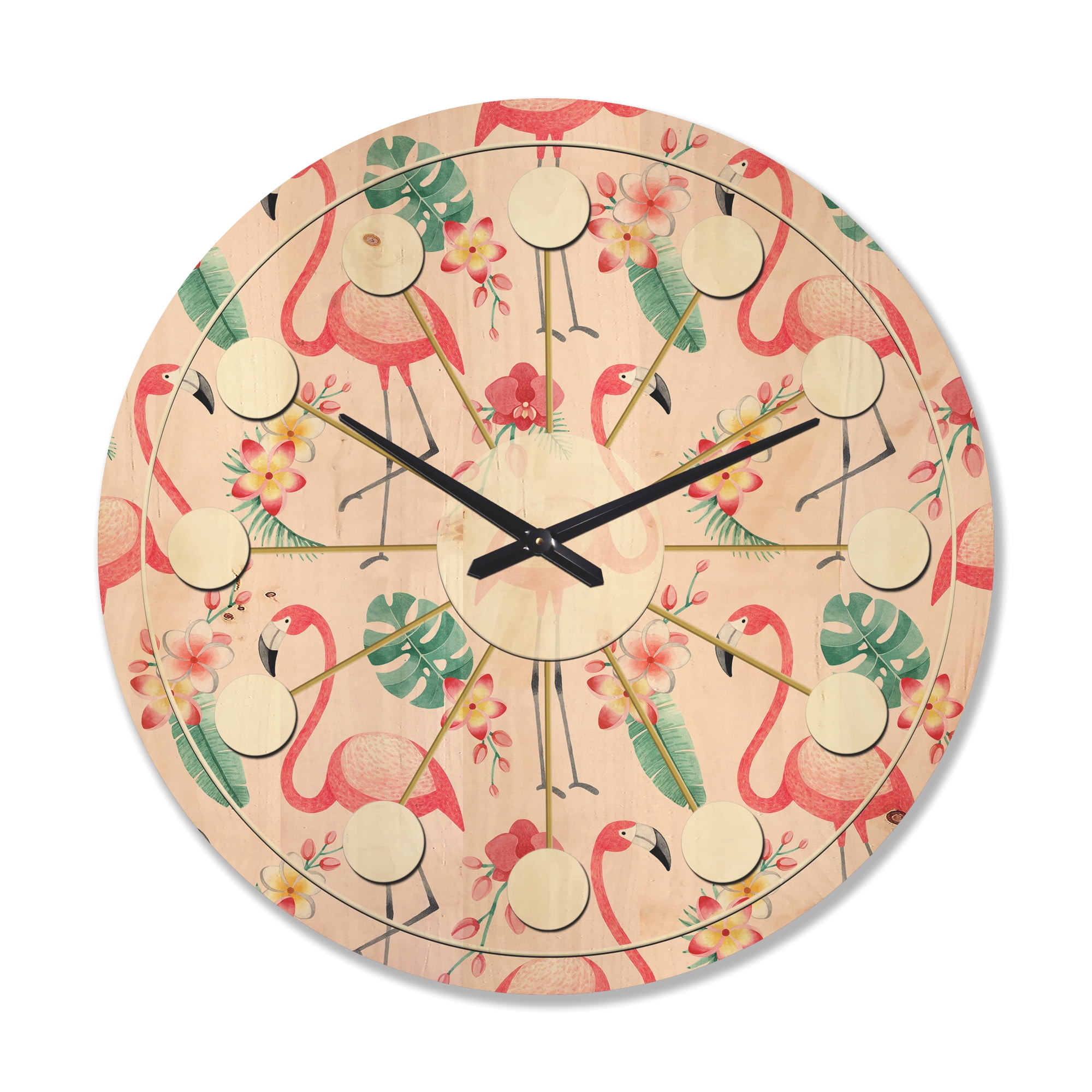 Designart 'Tropical Botanicals, Flamingo and Flowers II' Mid-Century Modern Wood Wall Clock