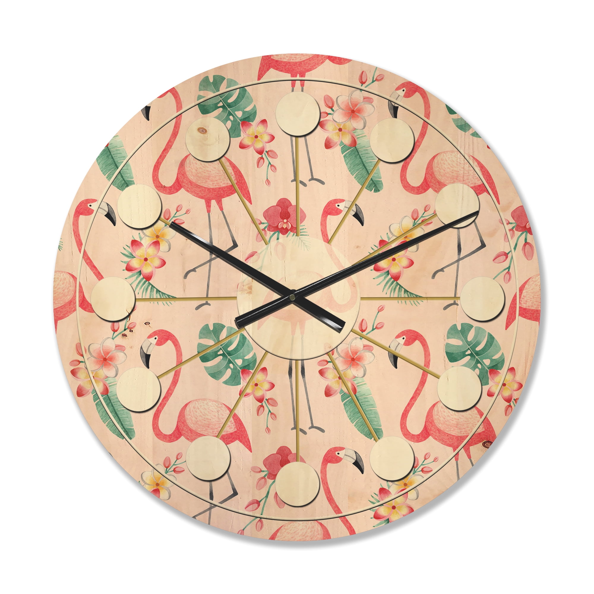 Designart 'Tropical Botanicals, Flamingo and Flowers II' Mid-Century Modern Wood Wall Clock