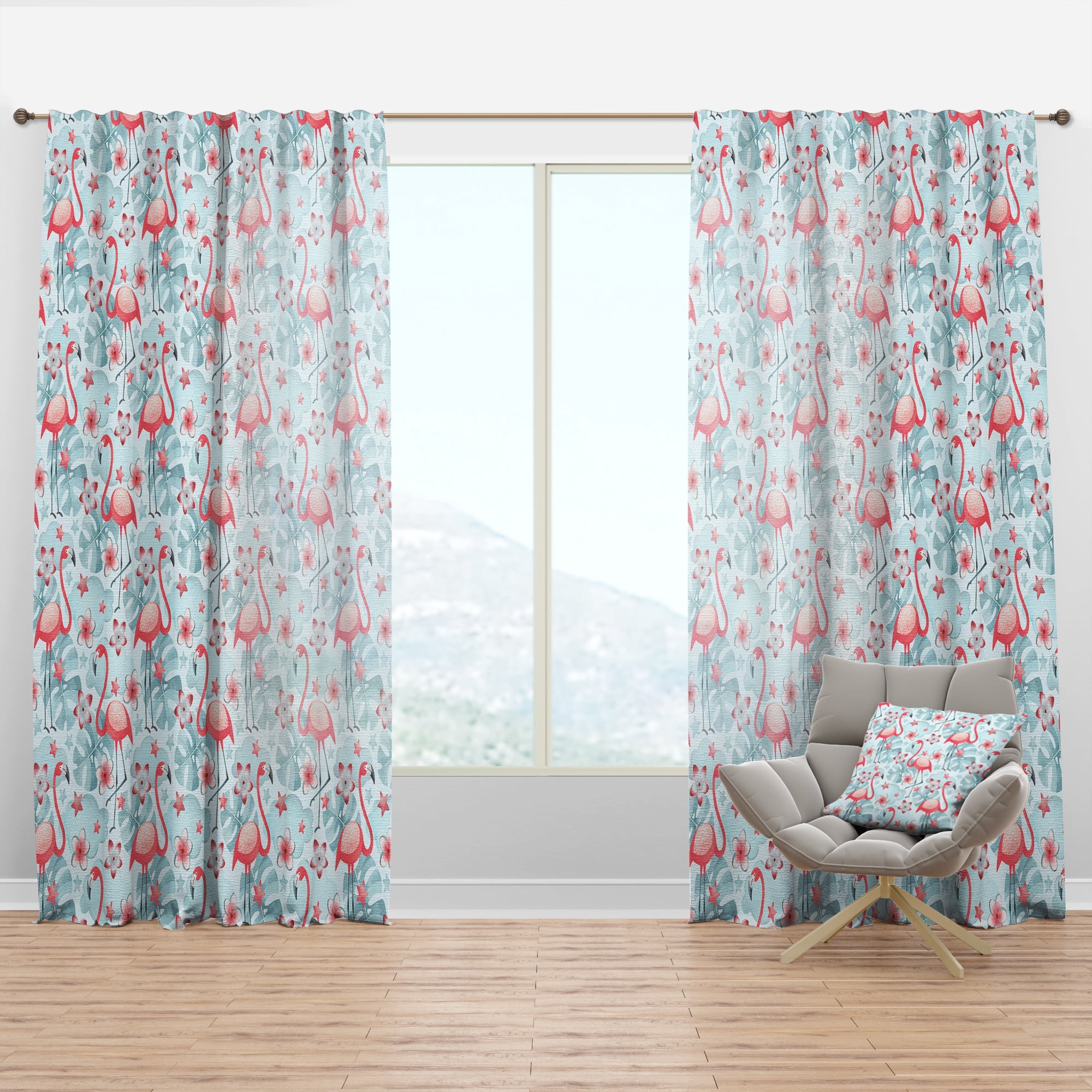 Designart 'Tropical Botanicals, Flamingo and Flowers III' Mid-Century Modern Curtain Panel
