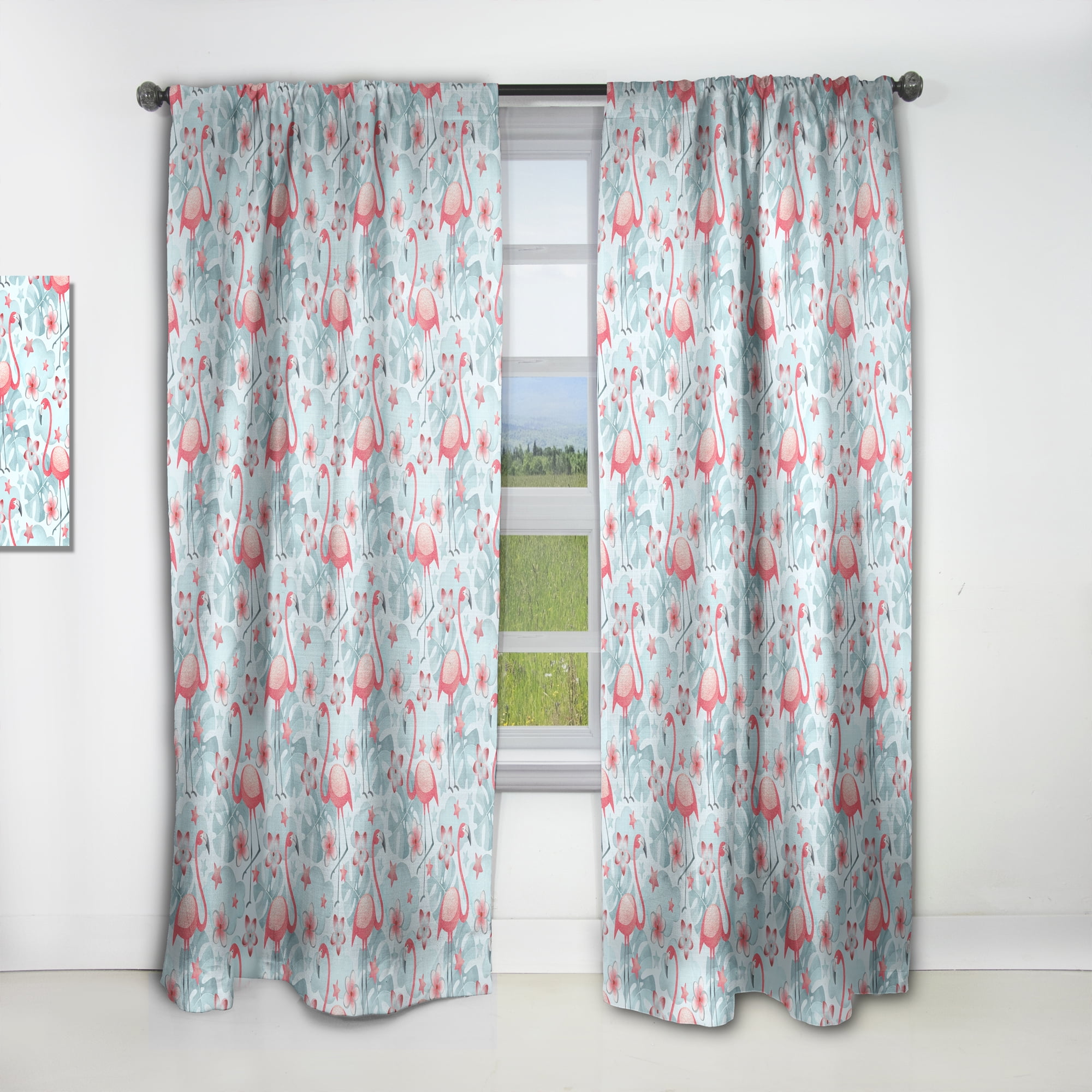 Designart 'Tropical Botanicals, Flamingo and Flowers III' Mid-Century Modern Curtain Panel