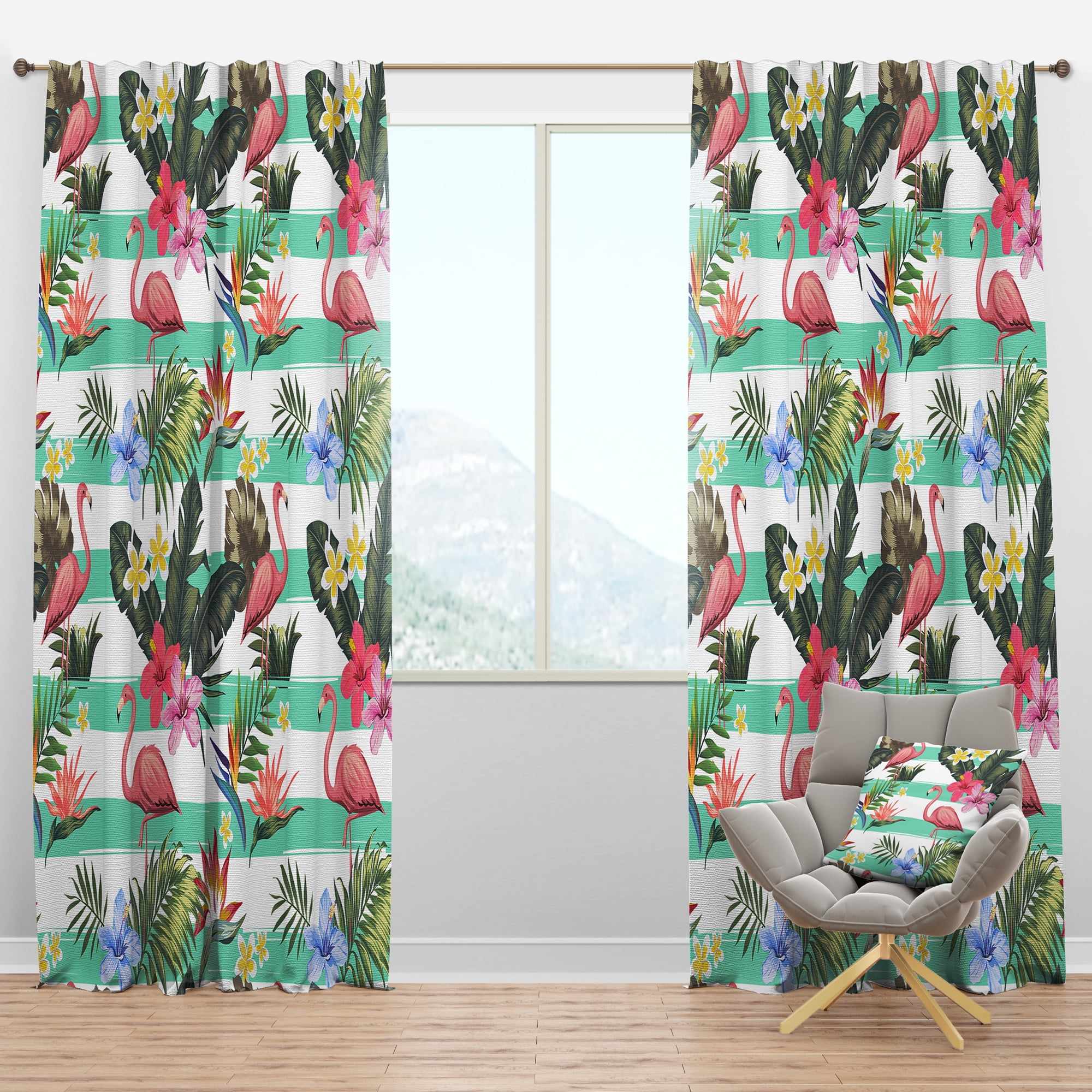 Designart 'Tropical Botanicals, Flamingo and Flowers' Mid-Century Modern Blackout Curtain Panel