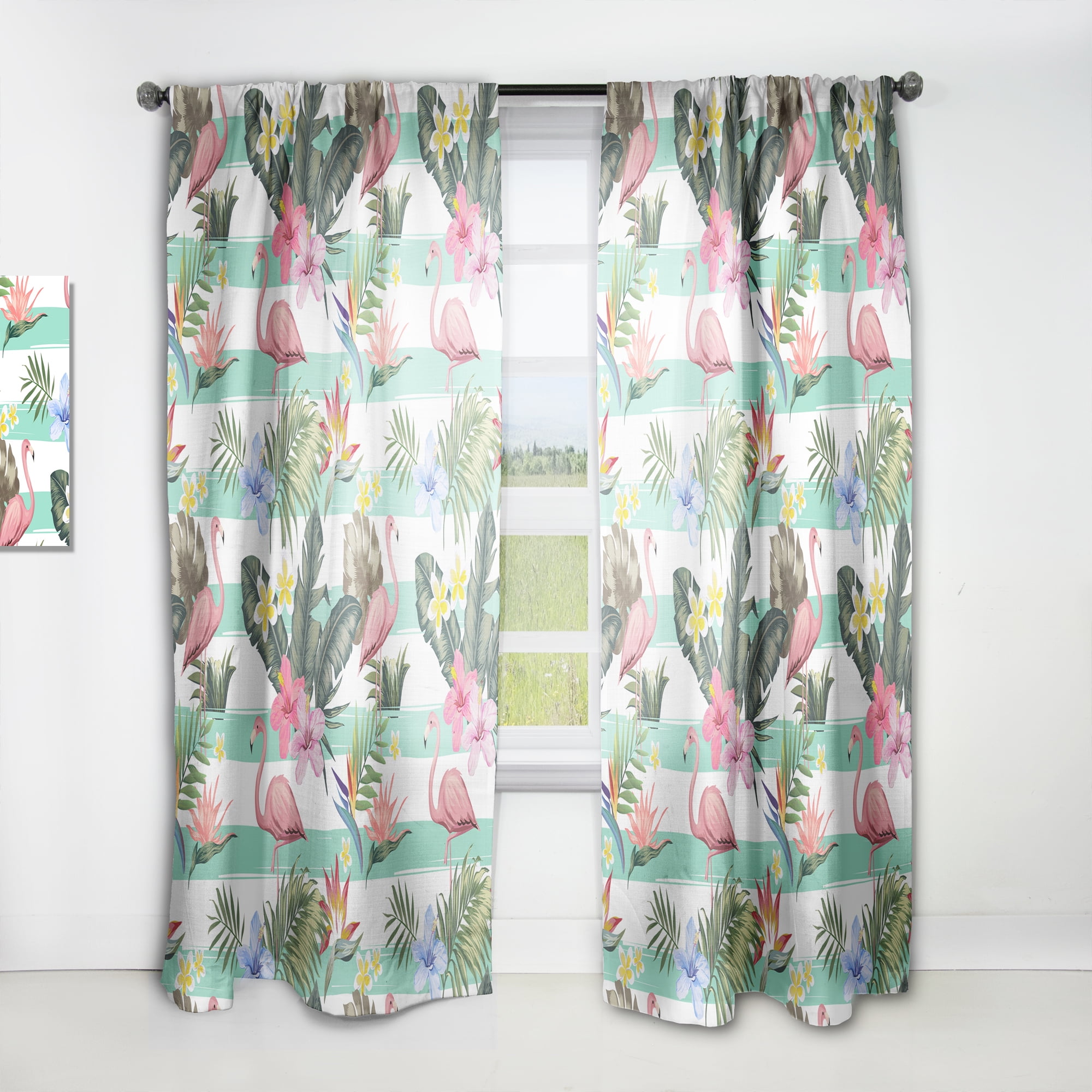 Designart 'Tropical Botanicals, Flamingo and Flowers' Mid-Century Modern Curtain Panel
