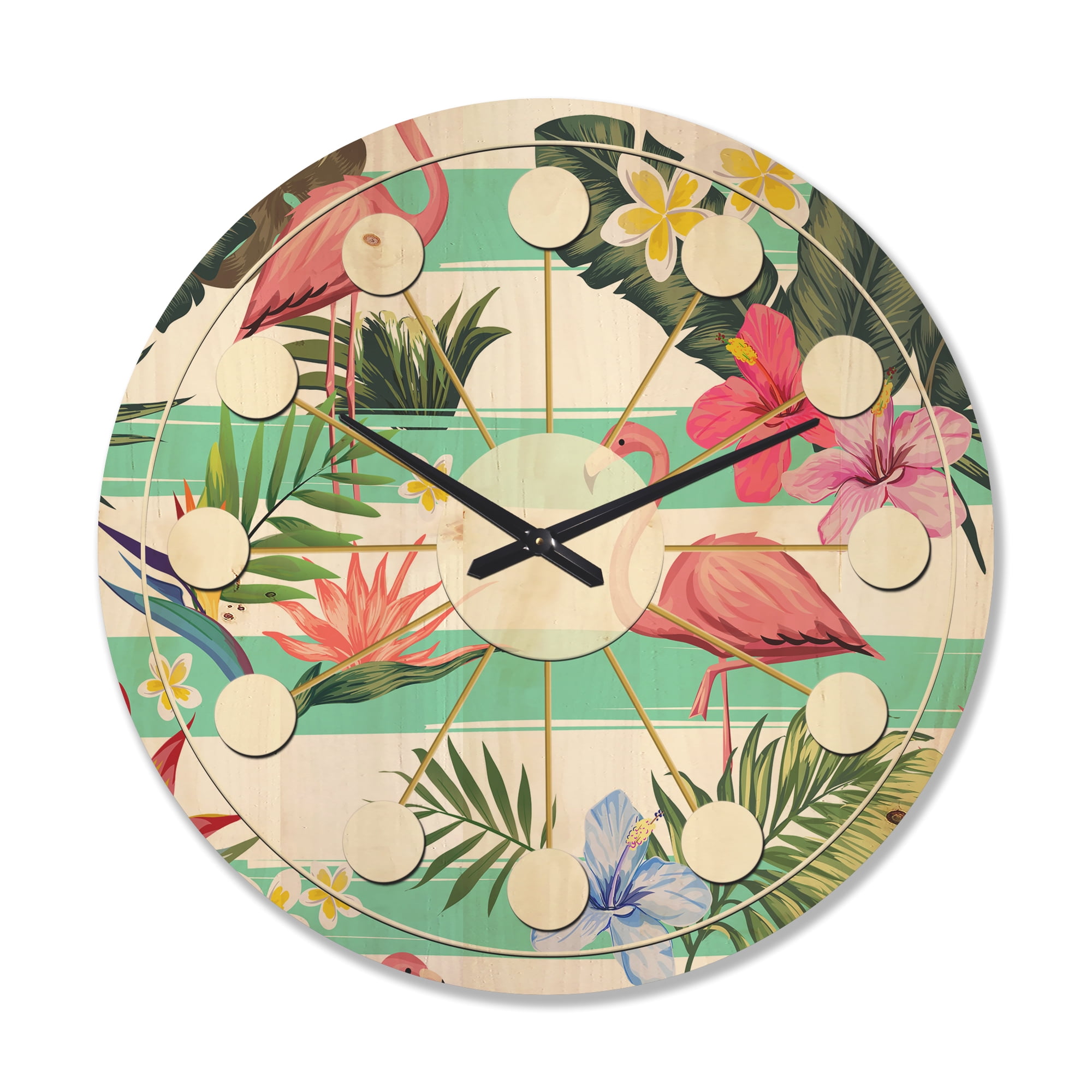 Designart 'Tropical Botanicals, Flamingo and Flowers' Mid-Century Modern Wood Wall Clock