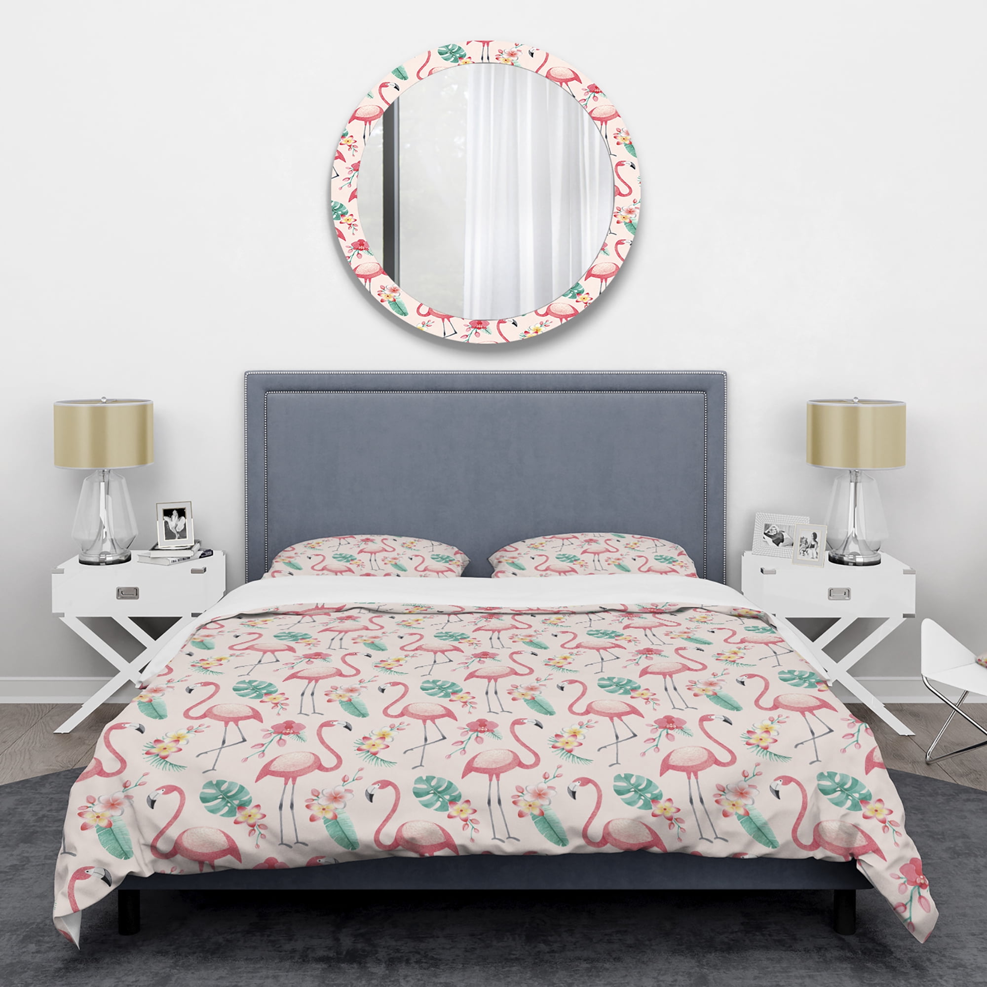 Designart 'Tropical Botanicals, Flowers And Flamingo II' Mid-Century Modern Duvet Cover Set