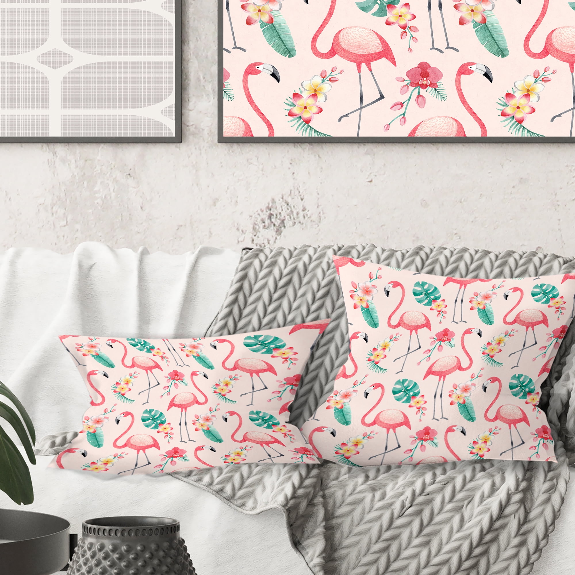 Designart Tropical Botanicals, Flowers And Flamingo II' Mid-Century Modern Throw Pillow - 18x18