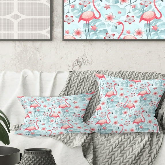Designart Tropical Botanicals, Flowers And Flamingo III' Mid-Century Modern Throw Pillow - 18x18